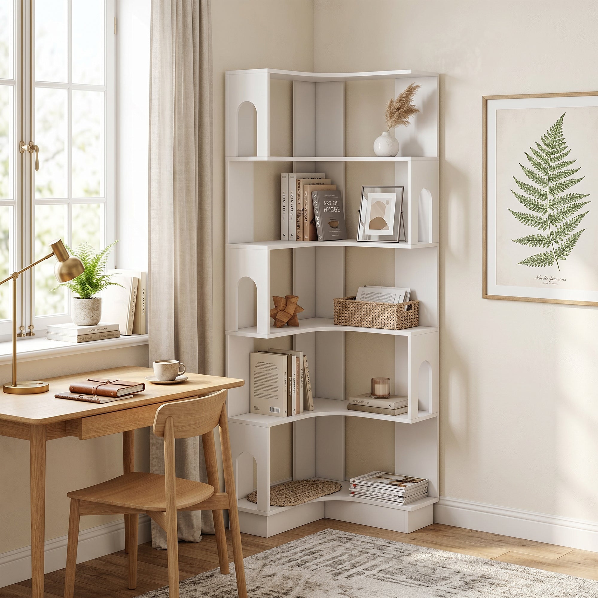 Bibliothèque d'angle, étagère de rangement à 6 niveaux avec panneaux latéraux arqués, style moderne, meuble de rangement pour bureau, salon, chambre, 60 x 60 x 165,5 cm, blanc