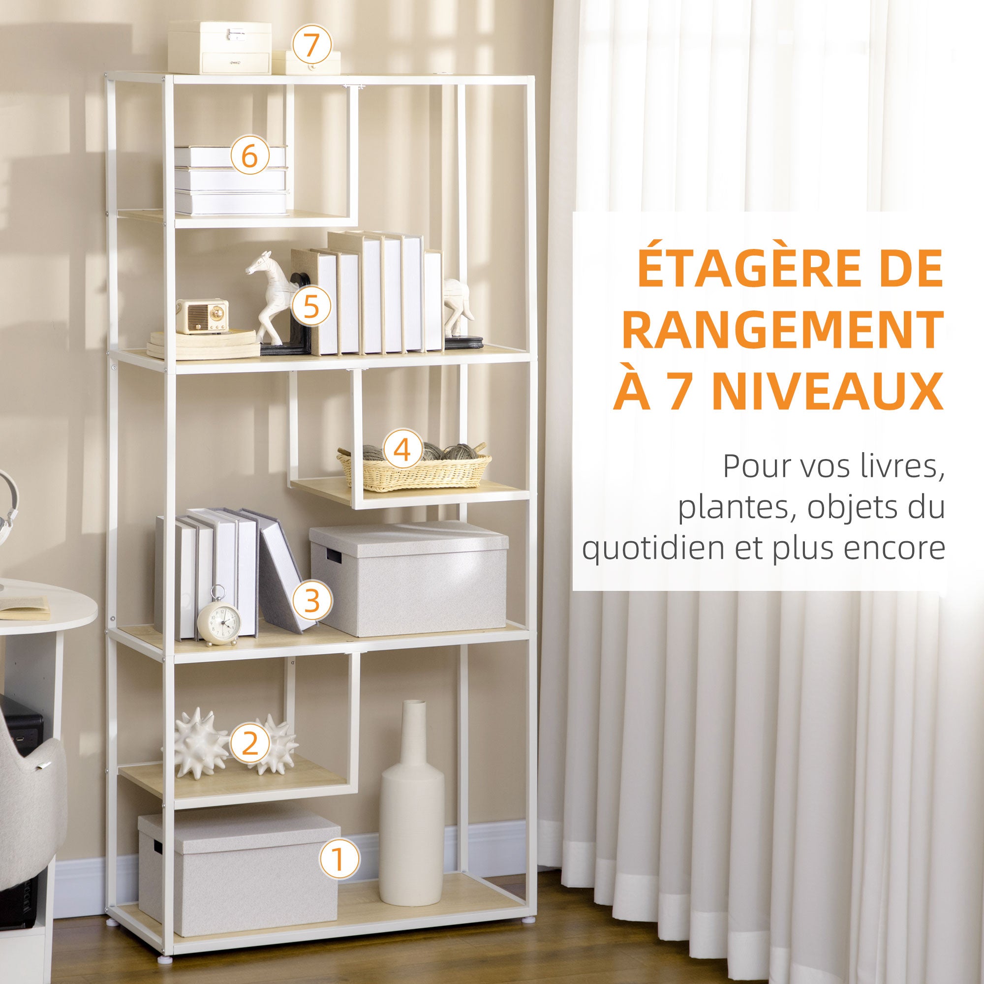 Bibliothèque étagère de rangement à 7 niveaux cadre en acier style industriel pour salon chambre cuisine - 83 x 34 x 180 cm