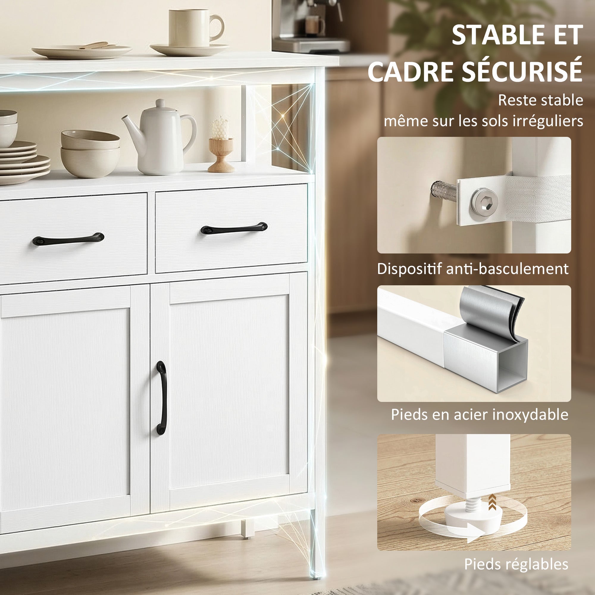 Buffet Cuisine, Meuble de Rangement avec 3 Portes, 3 Tiroirs, Compartiment Ouvert et Étagères Réglables, Style Moderne, pour Salon et Chambre, 95 x 35 x 88 cm, Blanc