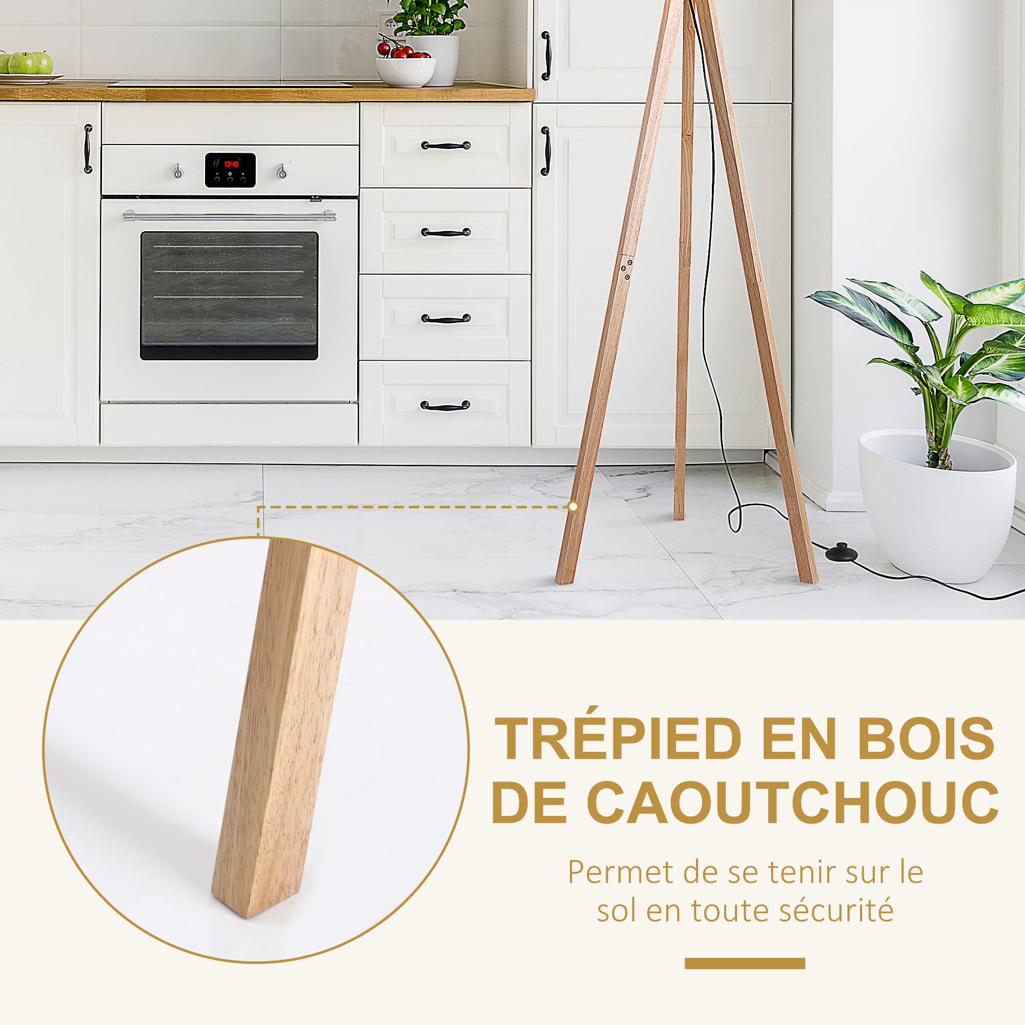 Lampadaire trépied style scandinave 40 W max. dim. 45L x 45l x 152H cm bois de pin lin beige