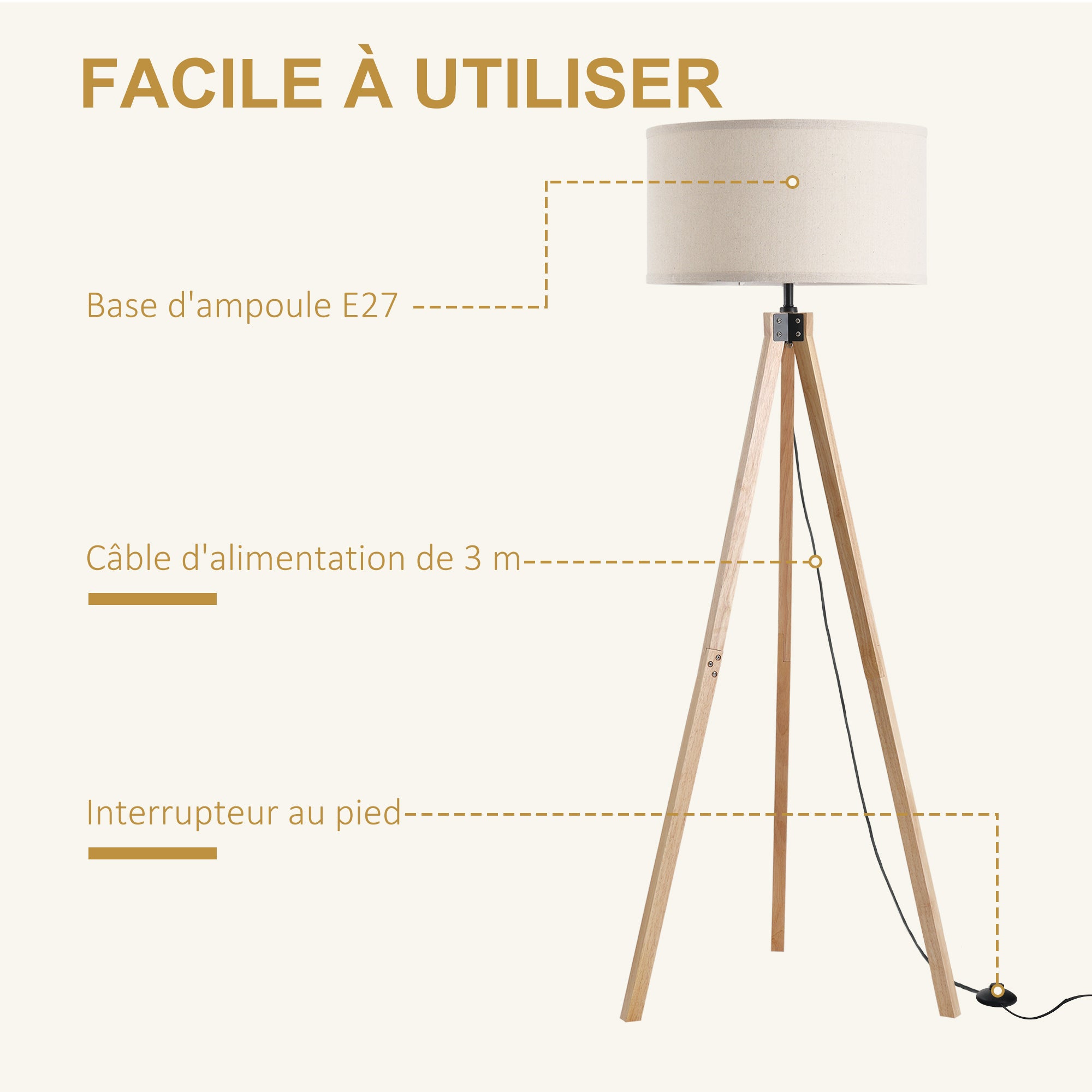 Lampadaire trépied style scandinave 40 W max. dim. 45L x 45l x 152H cm bois de pin lin beige