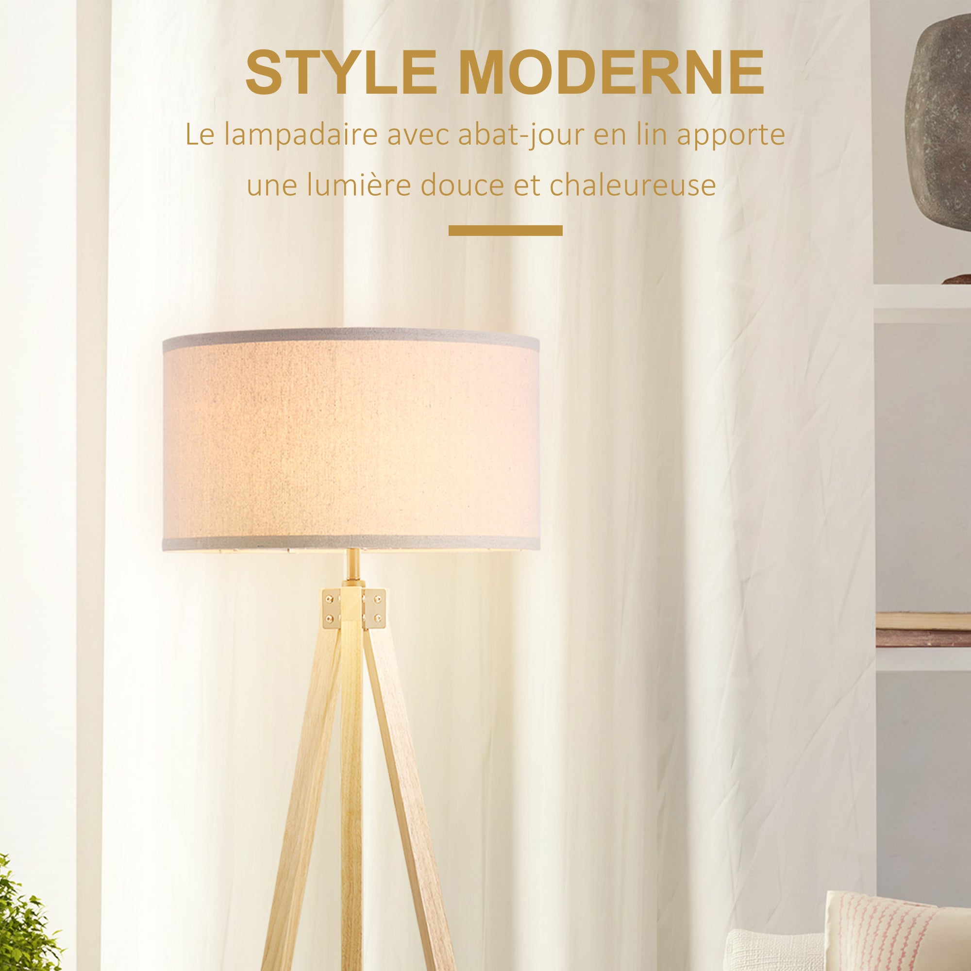 Lampadaire trépied style scandinave 40 W max. dim. 45L x 45l x 152H cm bois de pin lin beige