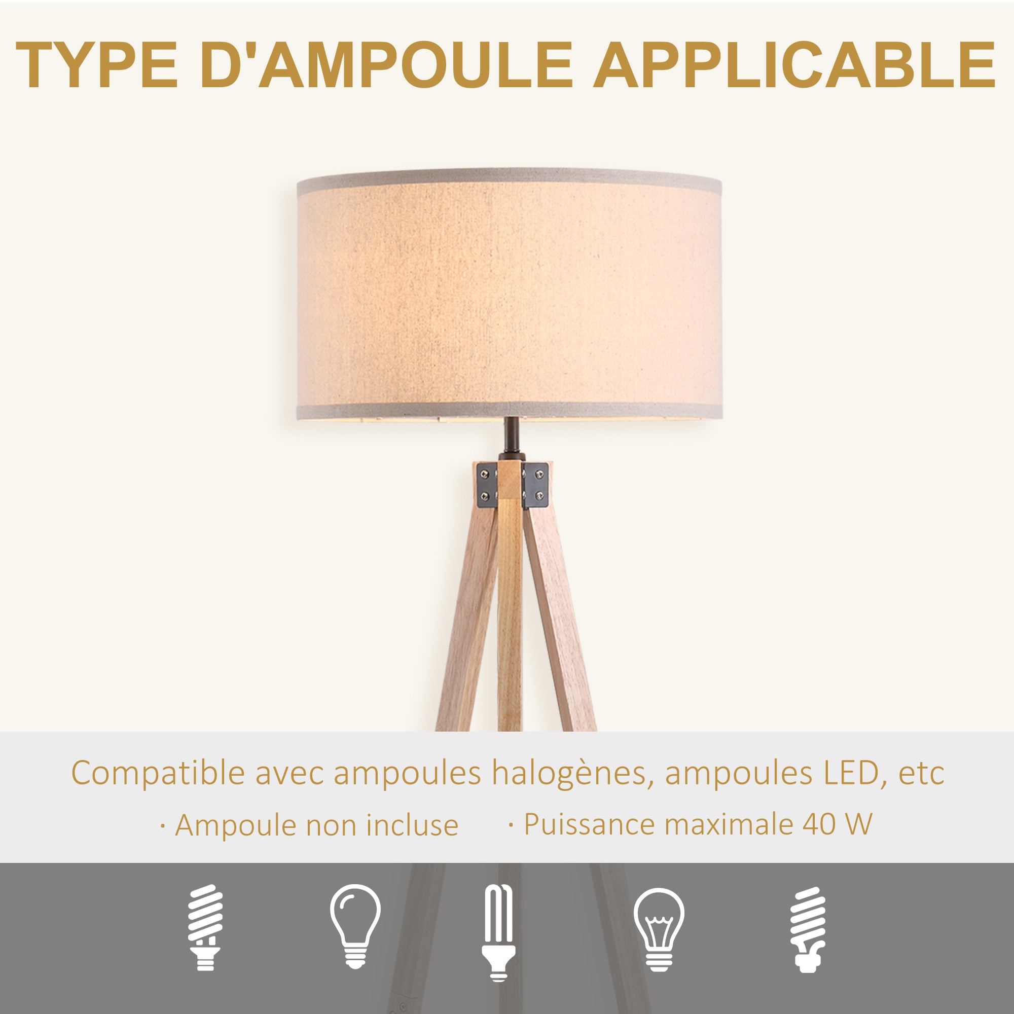 Lampadaire trépied style scandinave 40 W max. dim. 45L x 45l x 152H cm bois de pin lin beige