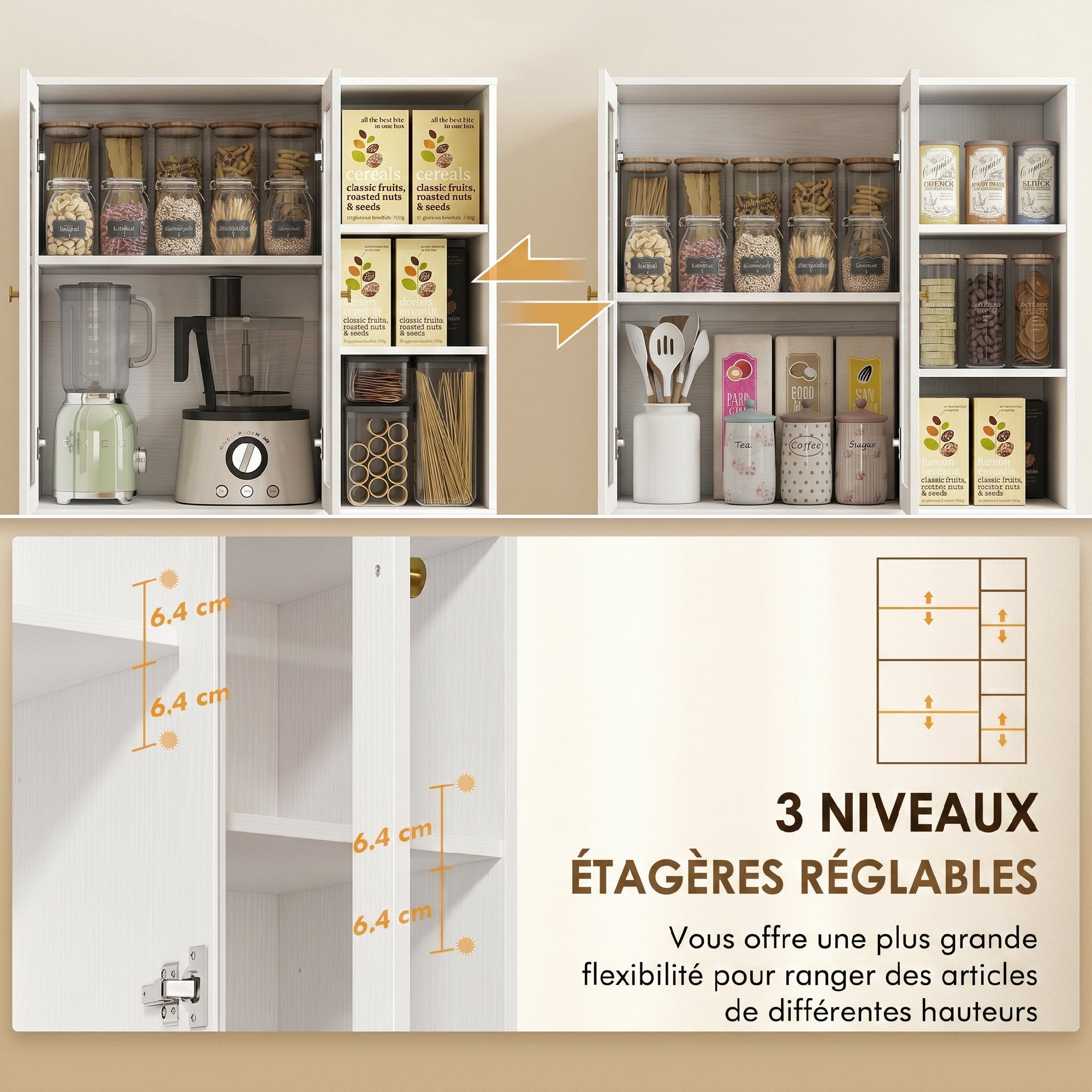 Buffet haut cuisine, vaisselier vitrine avec 4 portes à fermeture douce en verre trempé, étagères réglables et 6 compartiments ouverts, meuble de rangement pour salon, salle à manger, blanc