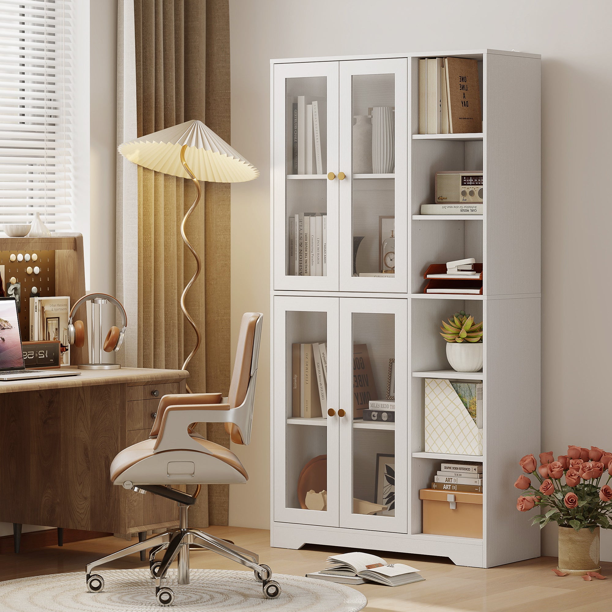 Buffet haut cuisine, vaisselier vitrine avec 4 portes à fermeture douce en verre trempé, étagères réglables et 6 compartiments ouverts, meuble de rangement pour salon, salle à manger, blanc