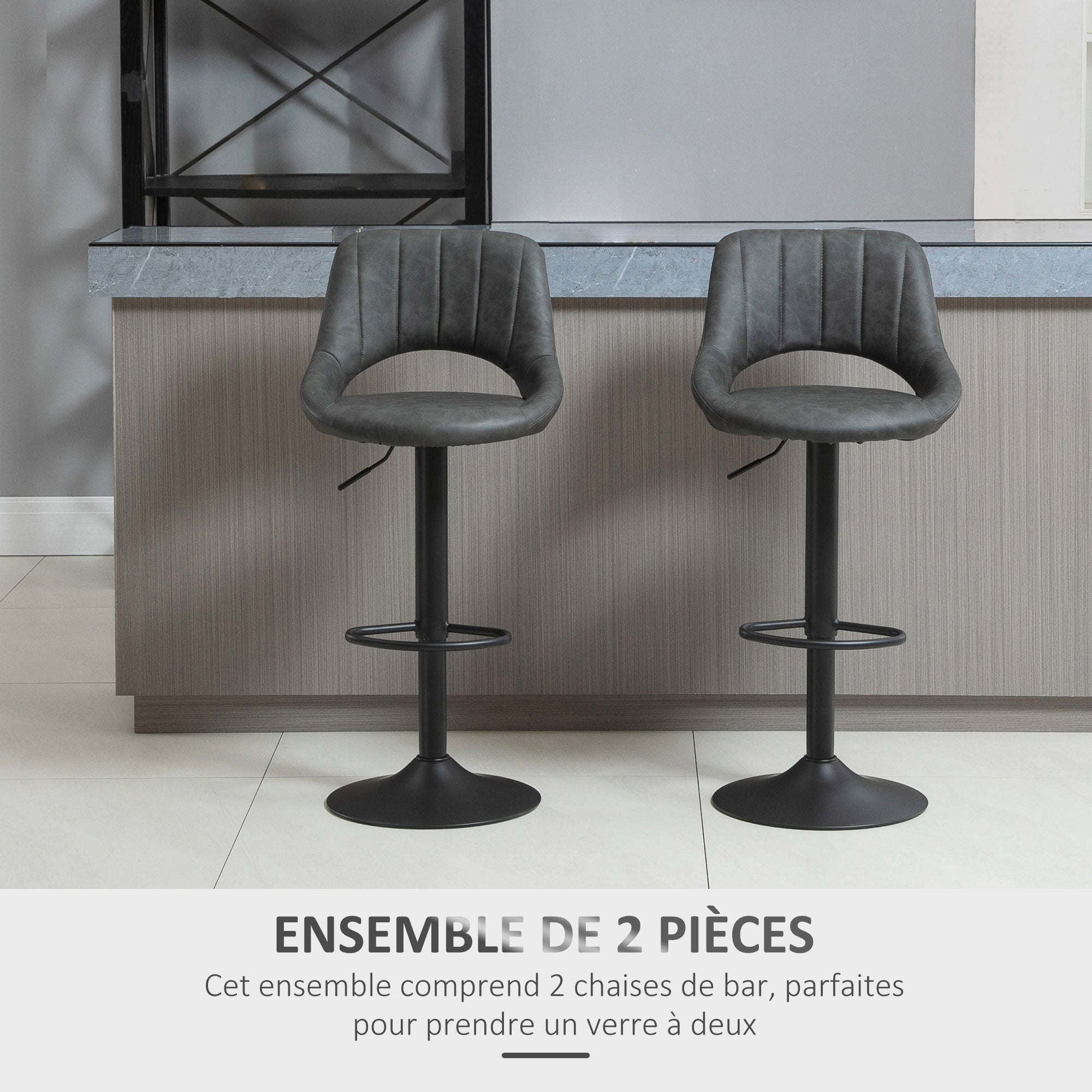 Lot de 2 tabourets de bar design contemporain avec repose-pieds hauteur réglable et pivotant - revêtement synthétique - pied métal noir
