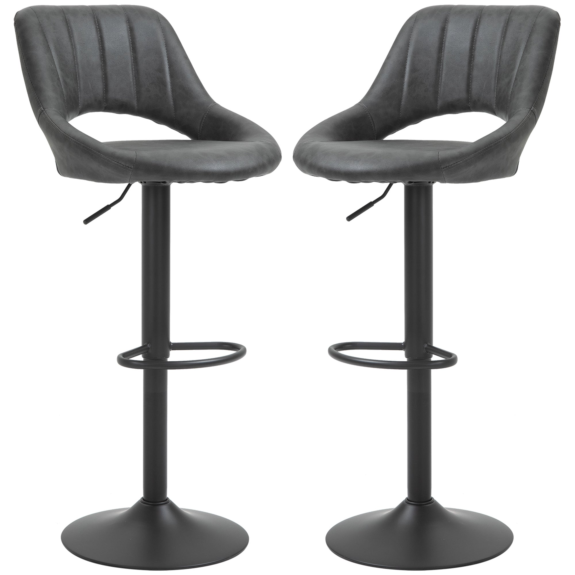 Lot de 2 tabourets de bar design contemporain avec repose-pieds hauteur réglable et pivotant - revêtement synthétique - pied métal noir