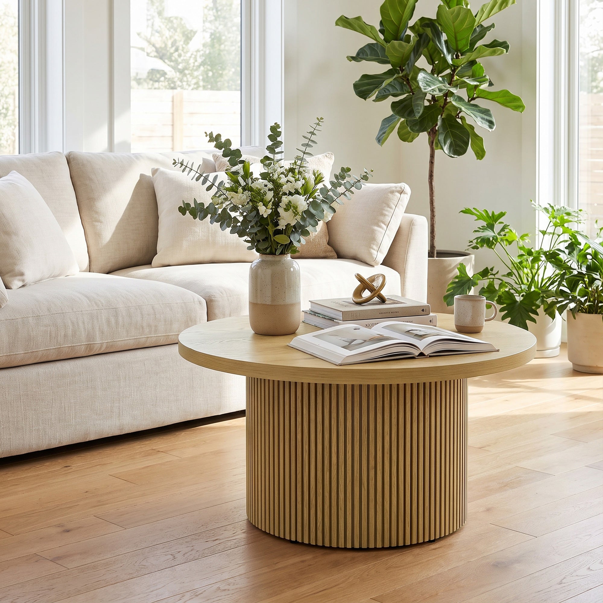 Table basse ronde en bois, table de salon avec piètement cannelé, style moderne, pour chambre, séjour et bureau, 80 x 80 x 45 cm, effet bois naturel