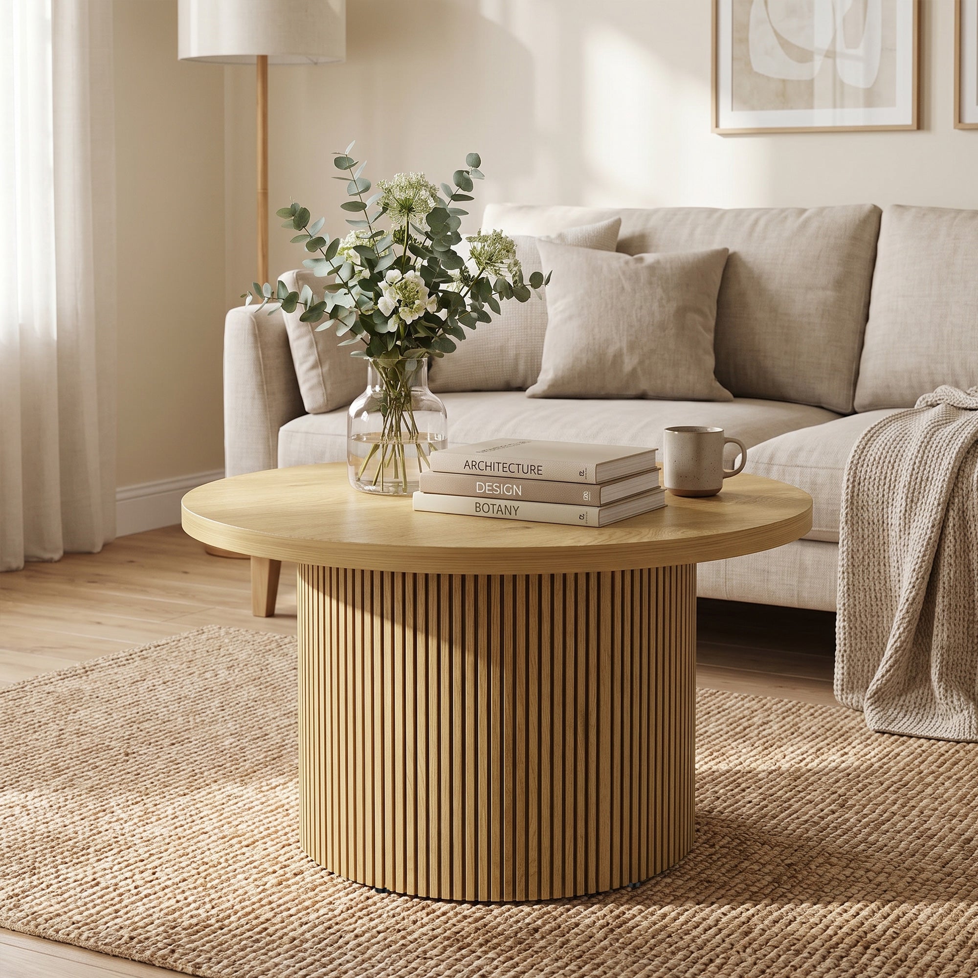 Table basse ronde en bois, table de salon avec piètement cannelé, style moderne, pour chambre, séjour et bureau, 80 x 80 x 45 cm, effet bois naturel