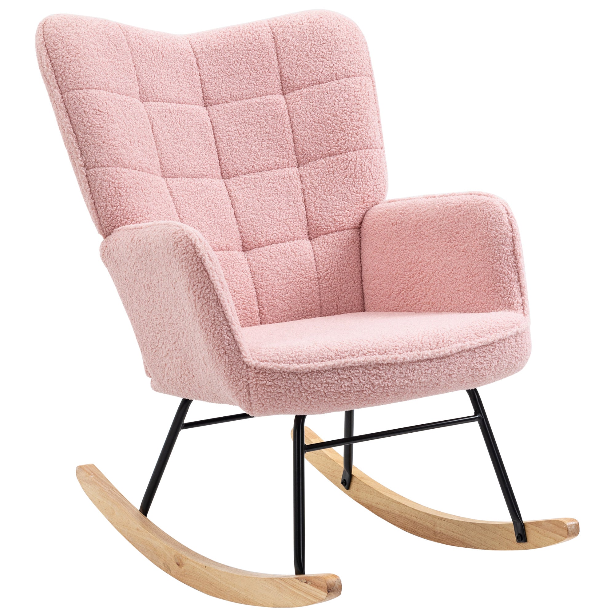 Fauteuil à bascule, rocking chair, revêtement bouclette, fauteuil allaitement, chaise à bascule, structure en acier, pieds en bois massif, rose