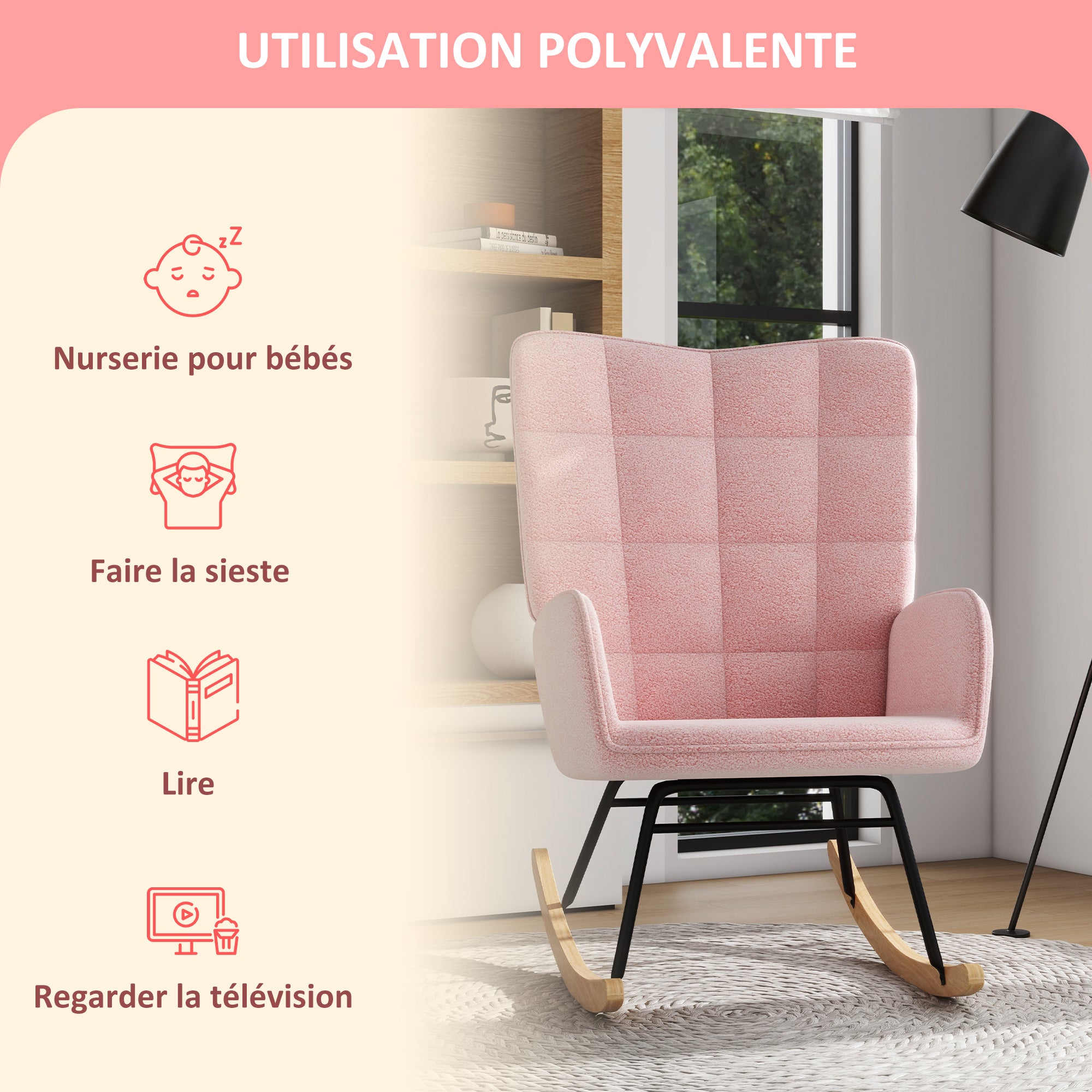 Fauteuil à bascule, rocking chair, revêtement bouclette, fauteuil allaitement, chaise à bascule, structure en acier, pieds en bois massif, rose
