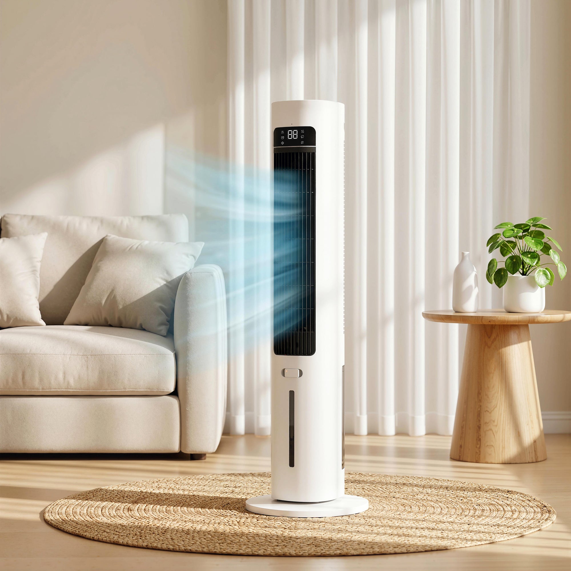 Refroidisseur d'air colonne 3 en 1 refroidisseur humidificateur et ventilateur, oscillation 48°, 3 vitesses 3 modes, réservoir d'eau 3L, blocs de glace, télécommande, pour chambre bureau, blanc