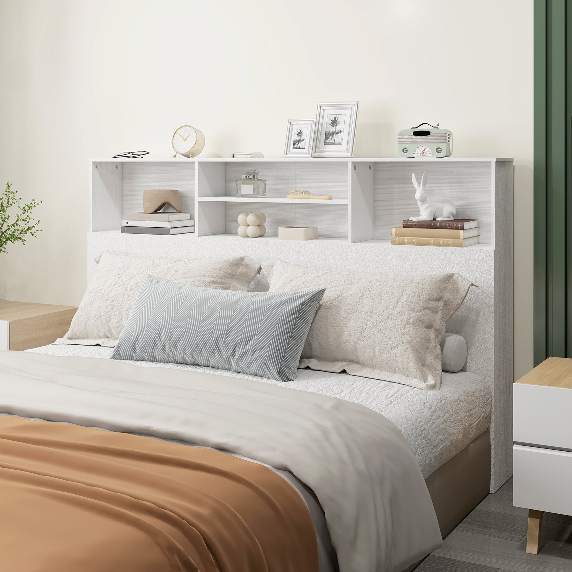Tête de lit sur pied 160 cm avec rangements, accessoire de lit moderne avec 4 compartiments ouverts pour chambre, 160 x 20,2 x 108,2 cm, blanc