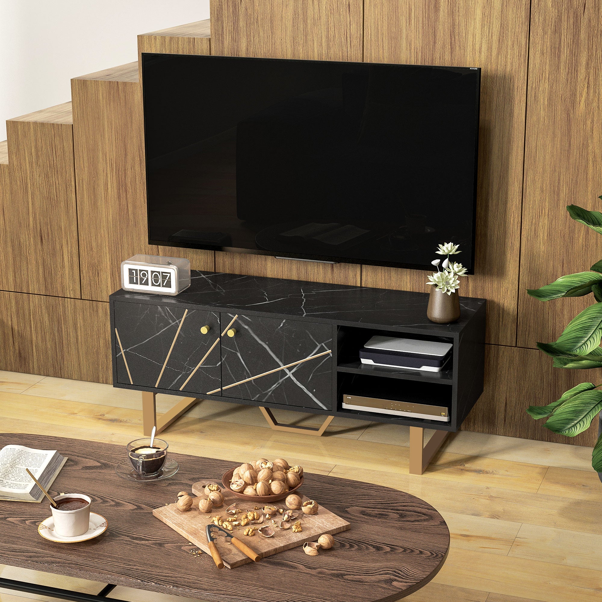 Meuble TV banc TV meuble pour télévision jusqu'à 50 pouces avec placard, étagère réglable et passe-câbles, dim. 110l x 35P x 45H cm aspect marbre noir