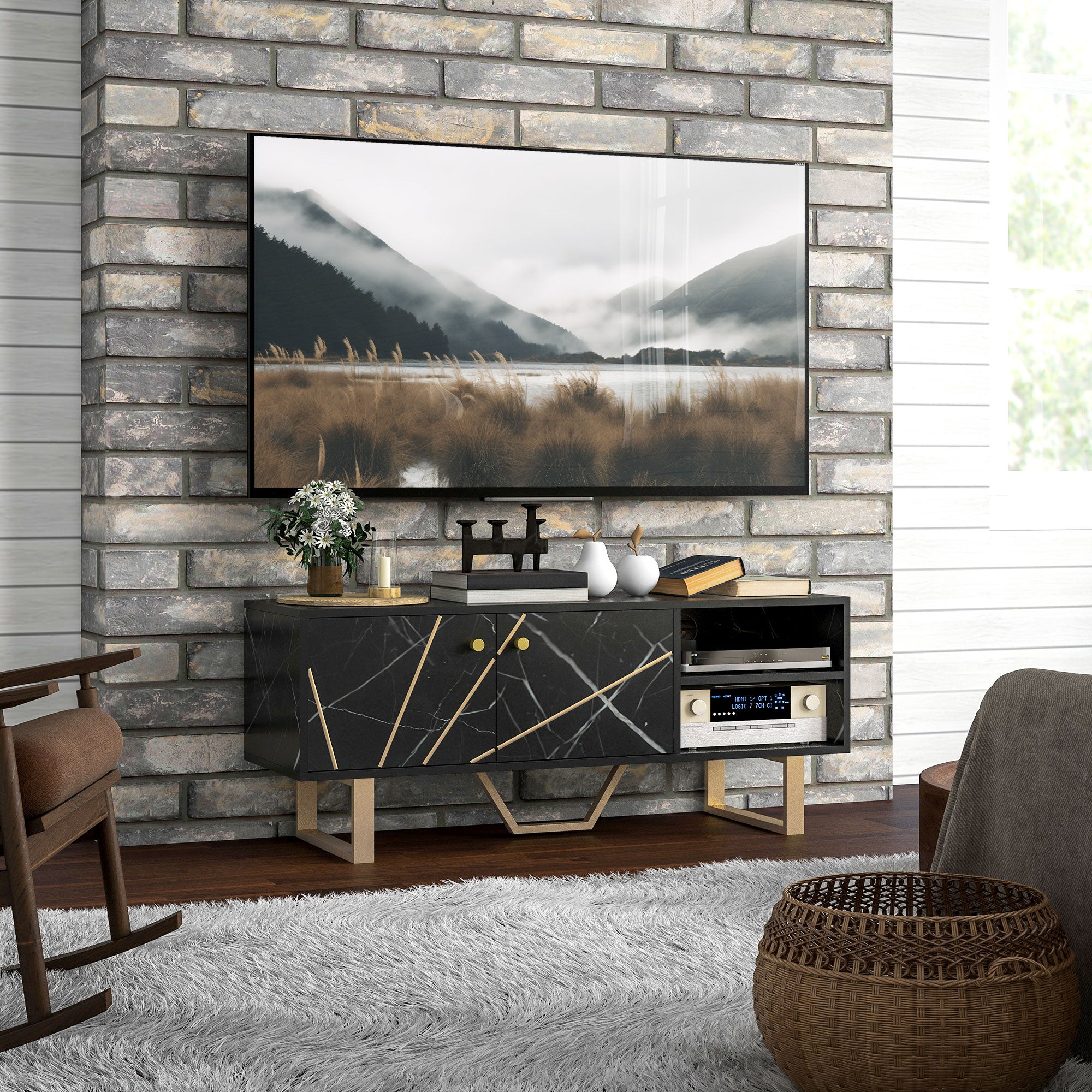 Meuble TV banc TV meuble pour télévision jusqu'à 50 pouces avec placard, étagère réglable et passe-câbles, dim. 110l x 35P x 45H cm aspect marbre noir