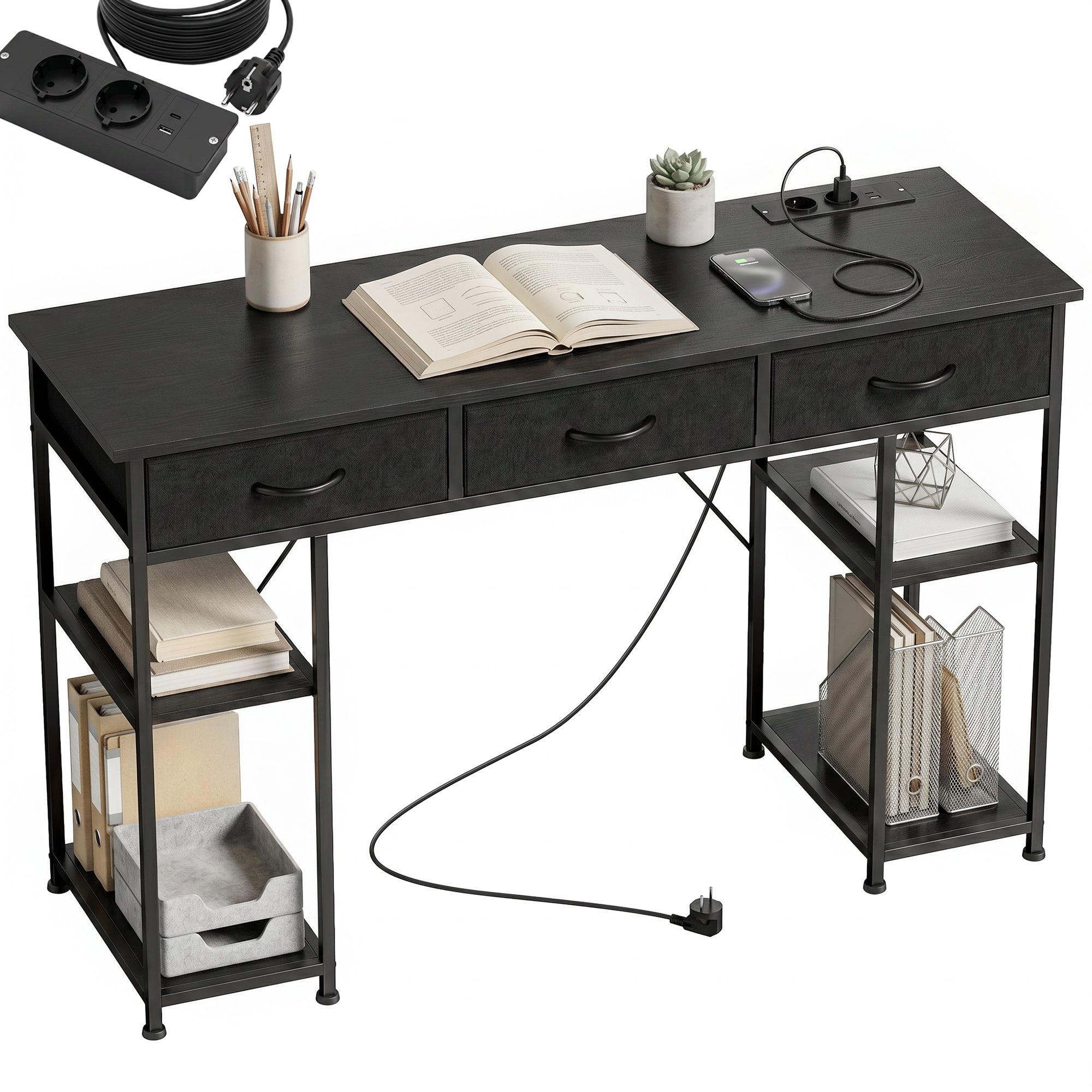 Bureau d'ordinateur avec 2 prises de charge USB et 2 prises de courant, bureau avec rangement 120 x 40 cm, étagères réglables et 3 tiroirs en tissu, poste de travail, cadre en acier, noir