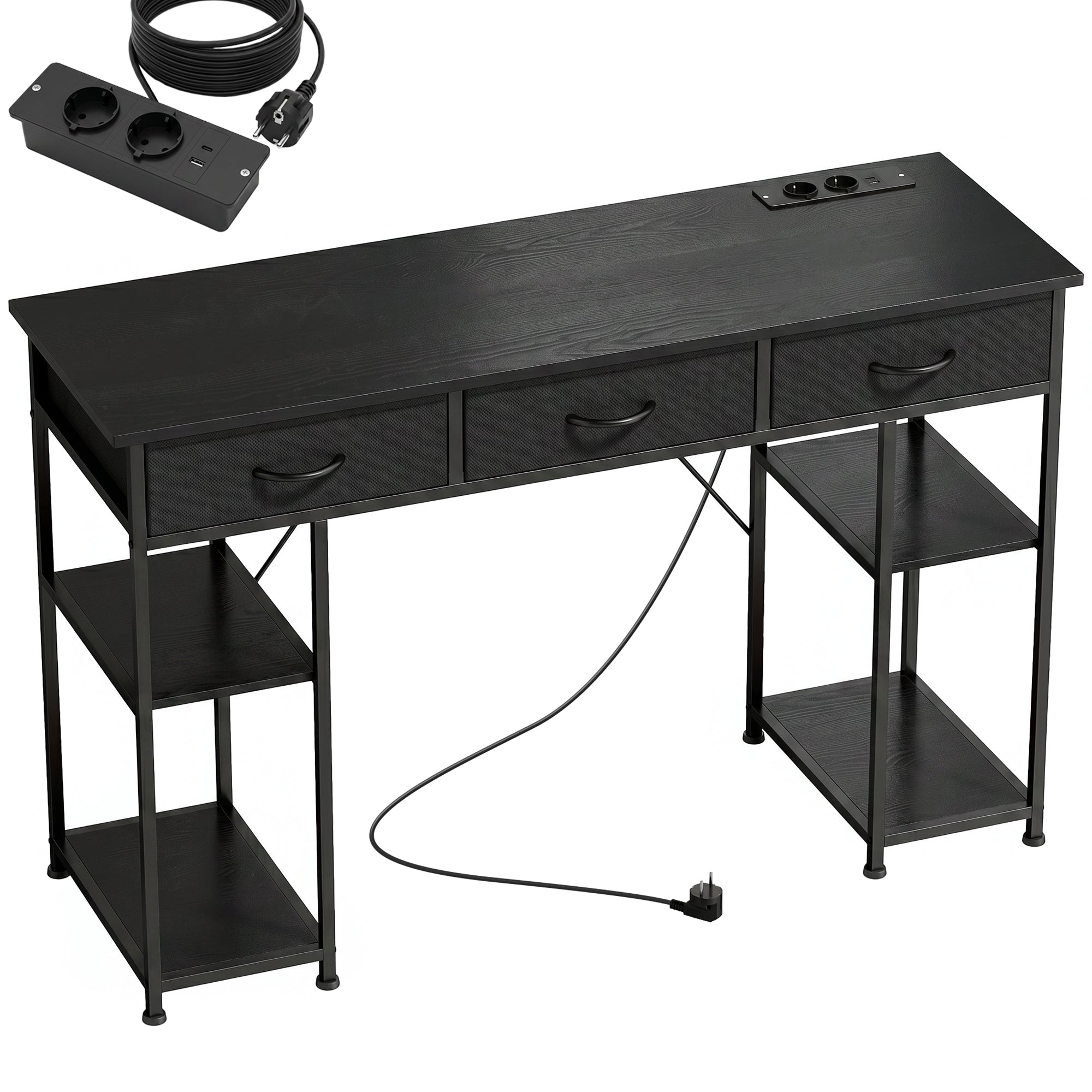 Bureau d'ordinateur avec 2 prises de charge USB et 2 prises de courant, bureau avec rangement 120 x 40 cm, étagères réglables et 3 tiroirs en tissu, poste de travail, cadre en acier, noir