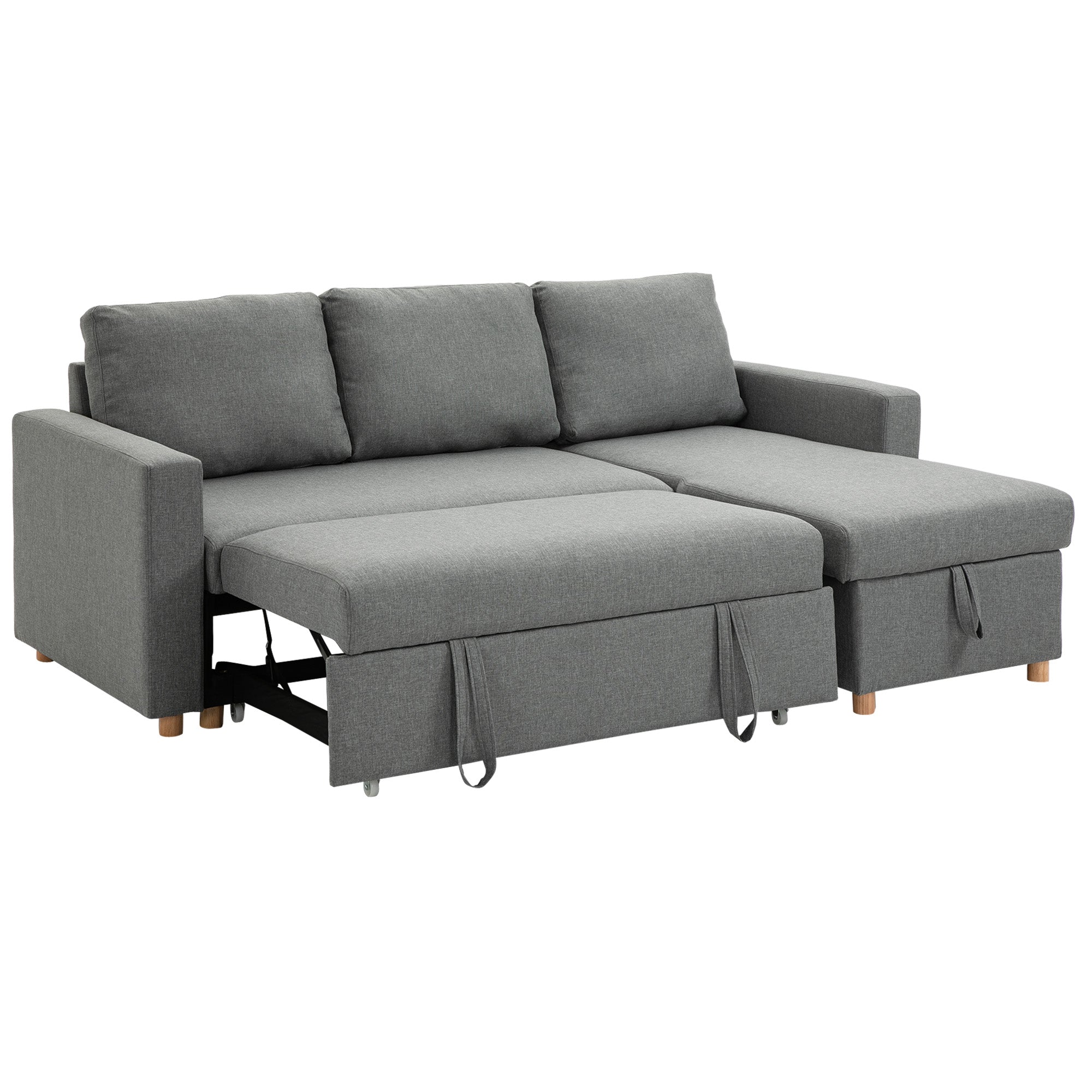 Canapé d'angle convertible canapé lit canapé 3 places modulable avec méridienne réversible, coffre de rangement intégré et 3 coussins de dossier, tissu aspect lin, gris