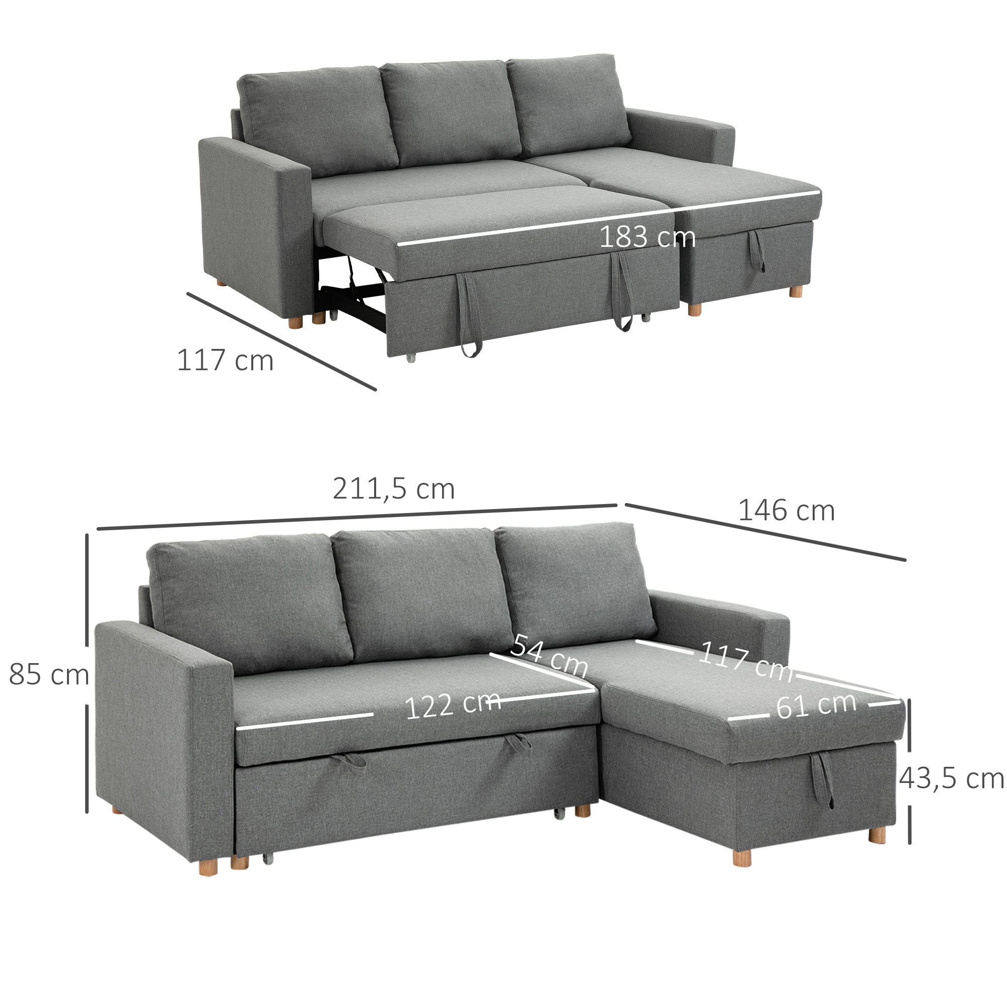 Canapé d'angle convertible canapé lit canapé 3 places modulable avec méridienne réversible, coffre de rangement intégré et 3 coussins de dossier, tissu aspect lin, gris