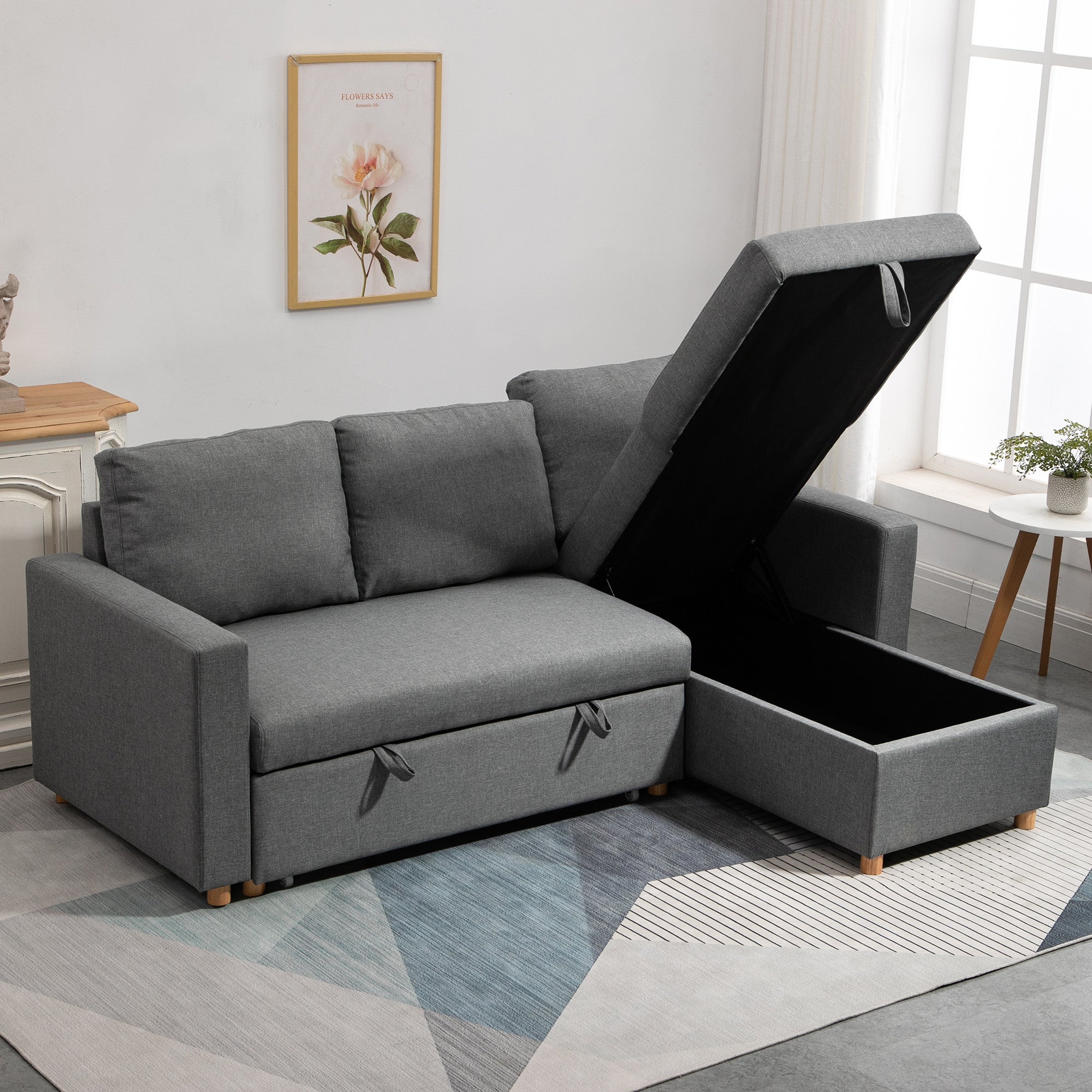 Canapé d'angle convertible canapé lit canapé 3 places modulable avec méridienne réversible, coffre de rangement intégré et 3 coussins de dossier, tissu aspect lin, gris