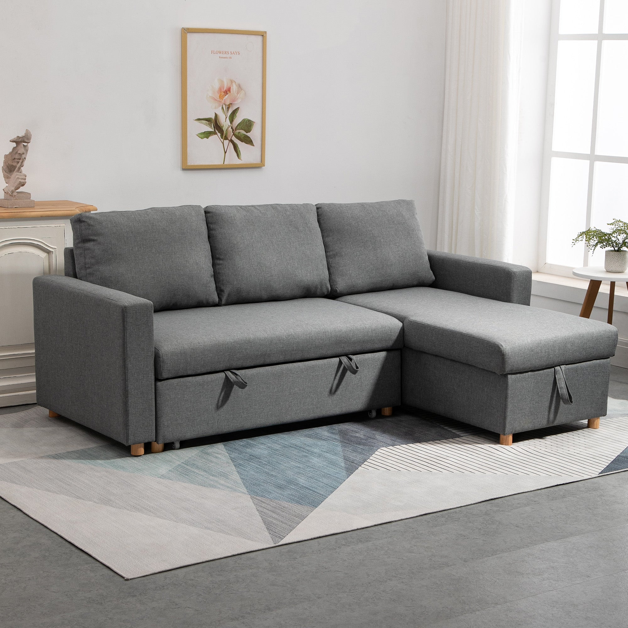 Canapé d'angle convertible canapé lit canapé 3 places modulable avec méridienne réversible, coffre de rangement intégré et 3 coussins de dossier, tissu aspect lin, gris