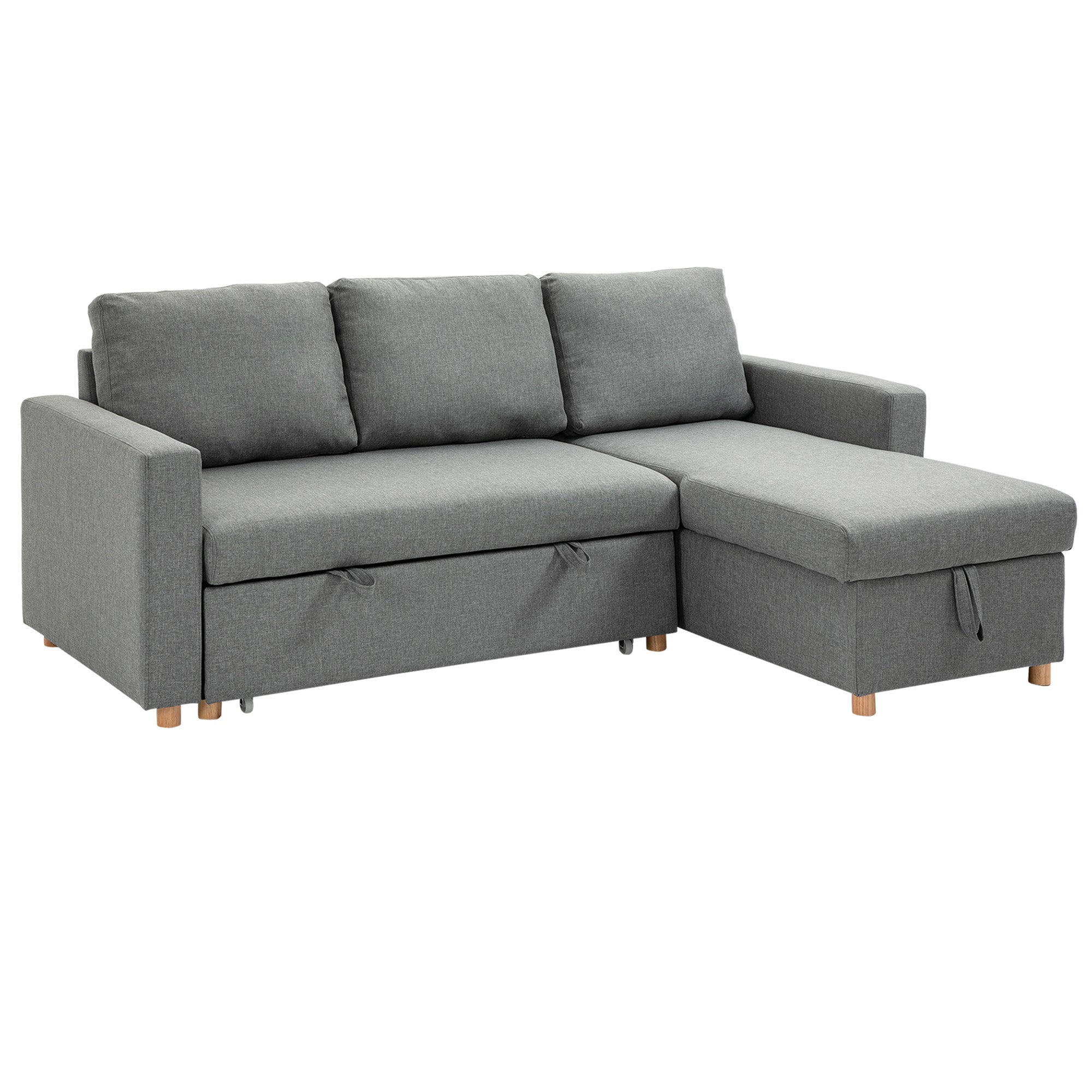 Canapé d'angle convertible canapé lit canapé 3 places modulable avec méridienne réversible, coffre de rangement intégré et 3 coussins de dossier, tissu aspect lin, gris
