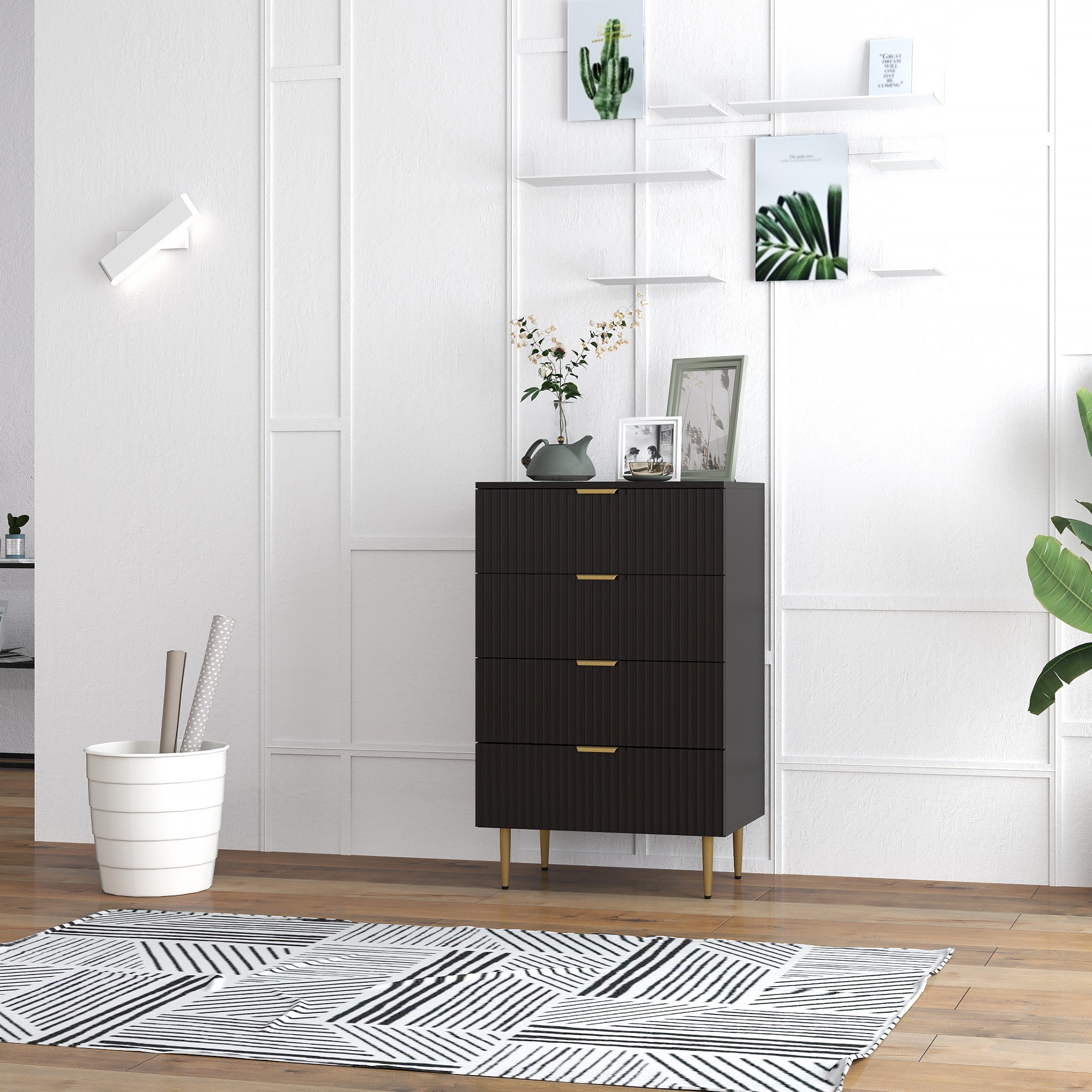 Commode 4 tiroirs commode chambre meuble de rangement moderne avec poignées et pieds dorés, pour chambre à coucher, salon, dim. 60 x 40 x 96 cm, noir
