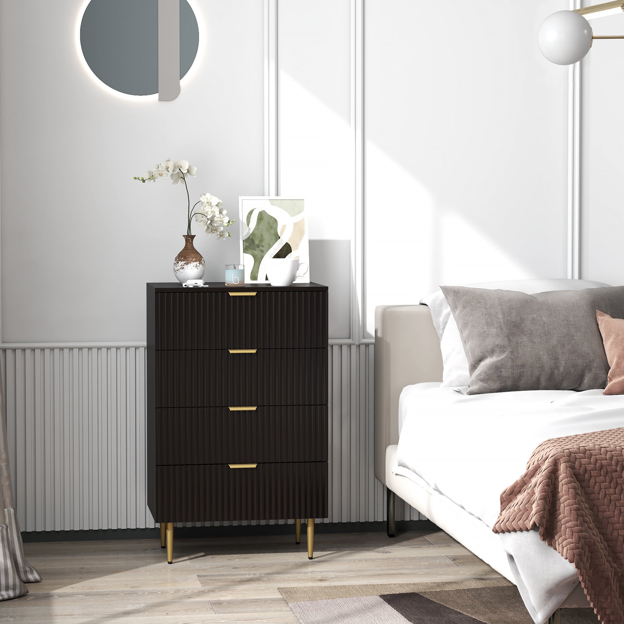 Commode 4 tiroirs commode chambre meuble de rangement moderne avec poignées et pieds dorés, pour chambre à coucher, salon, dim. 60 x 40 x 96 cm, noir