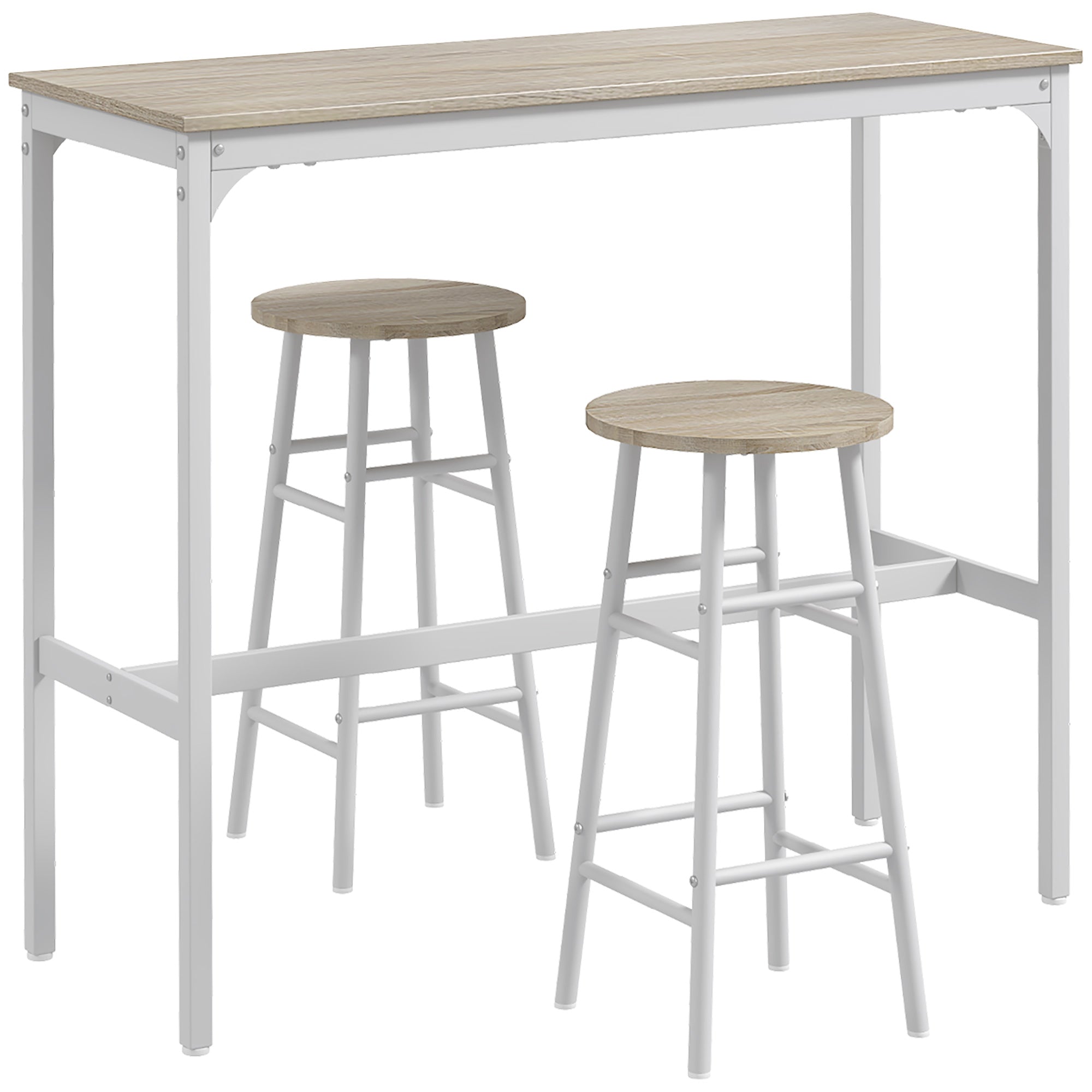Ensemble table de bar bistrot + 2 tabourets avec repose-pieds table mange-debout structure en acier design industriel table haute de cuisine plateau aspect bois naturel blanc