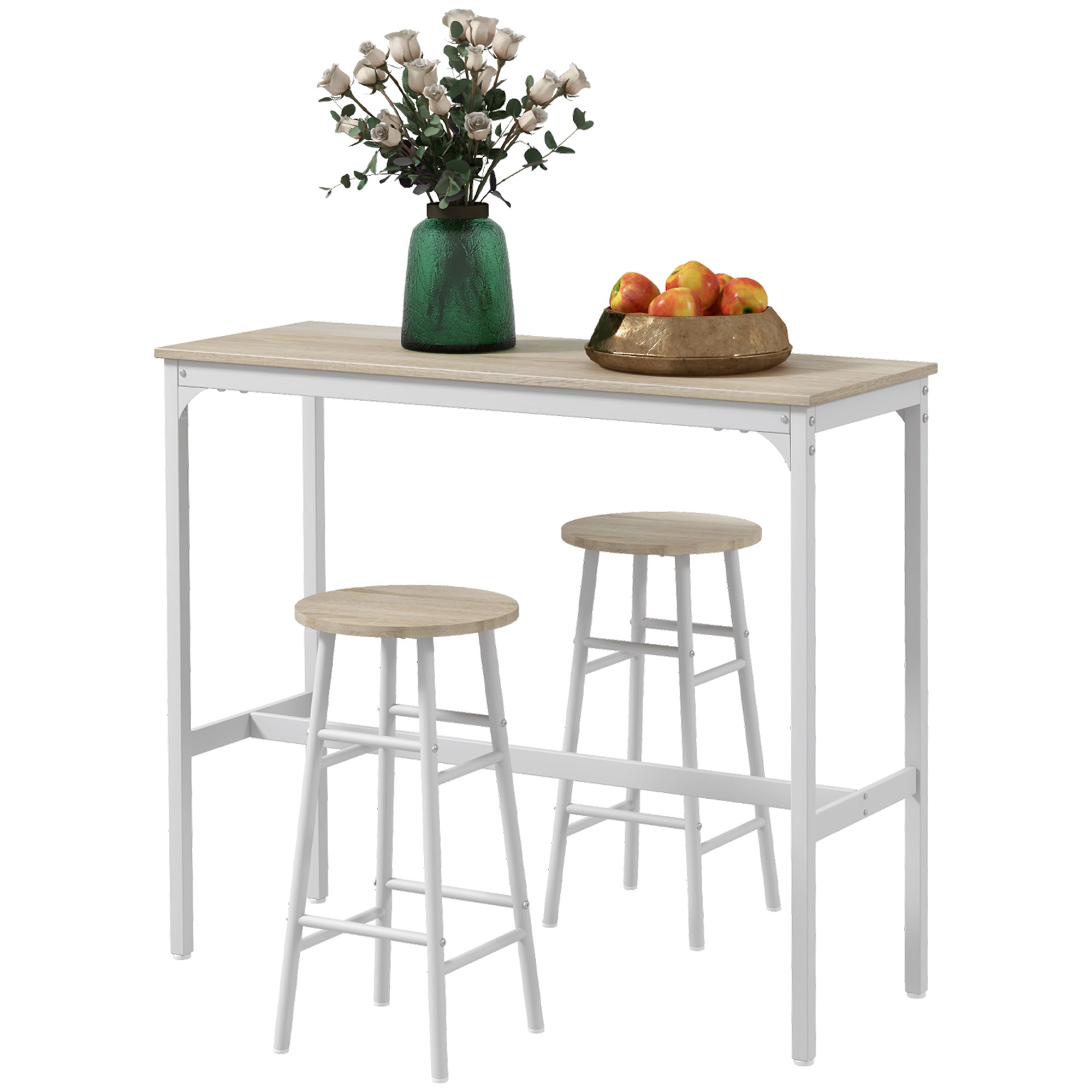 Ensemble table de bar bistrot + 2 tabourets avec repose-pieds table mange-debout structure en acier design industriel table haute de cuisine plateau aspect bois naturel blanc