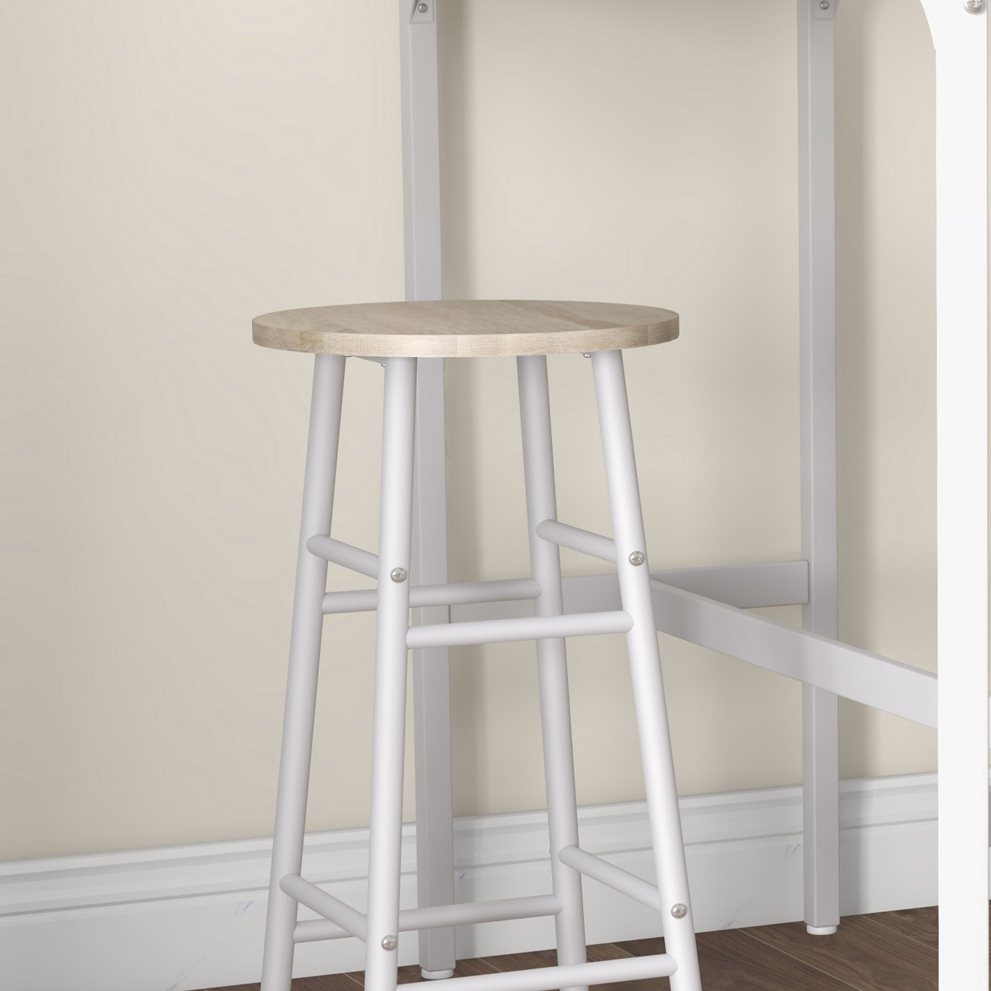 Ensemble table de bar bistrot + 2 tabourets avec repose-pieds table mange-debout structure en acier design industriel table haute de cuisine plateau aspect bois naturel blanc