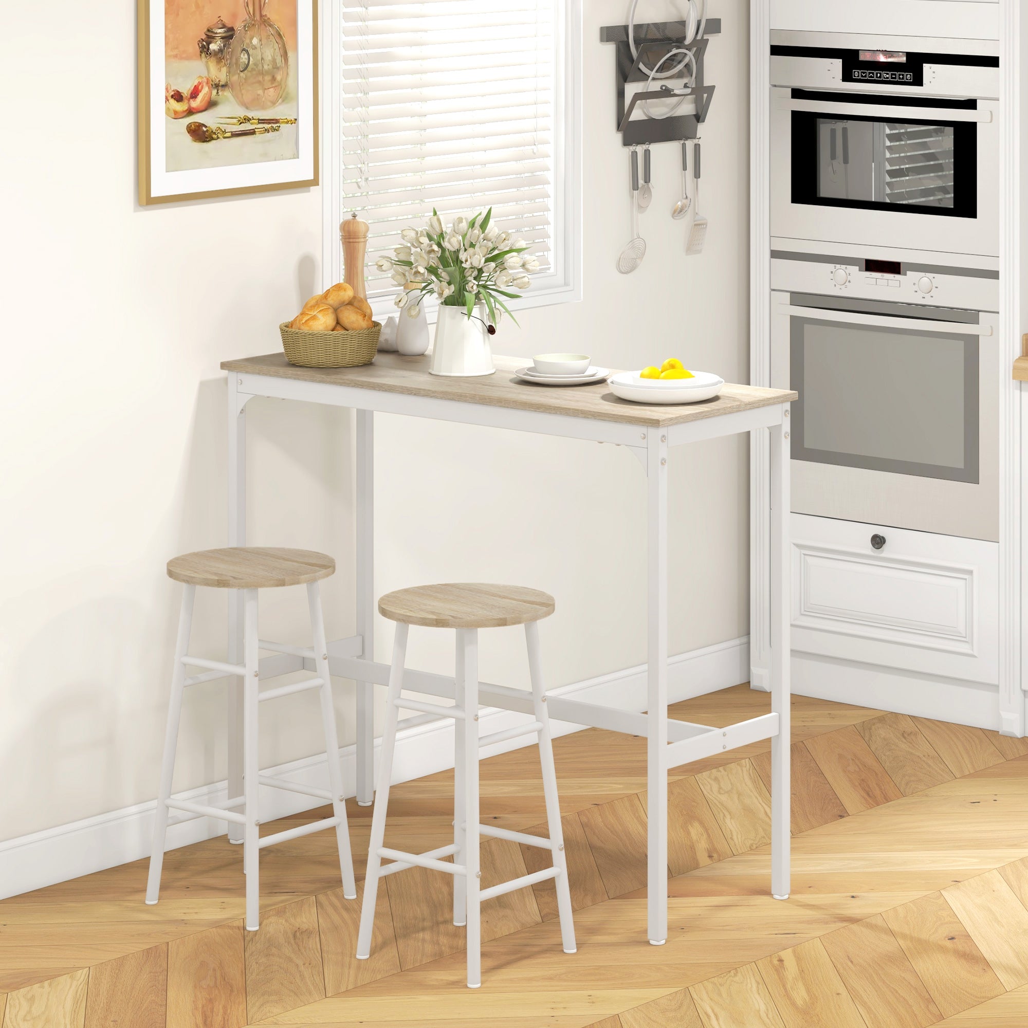 Ensemble table de bar bistrot + 2 tabourets avec repose-pieds table mange-debout structure en acier design industriel table haute de cuisine plateau aspect bois naturel blanc