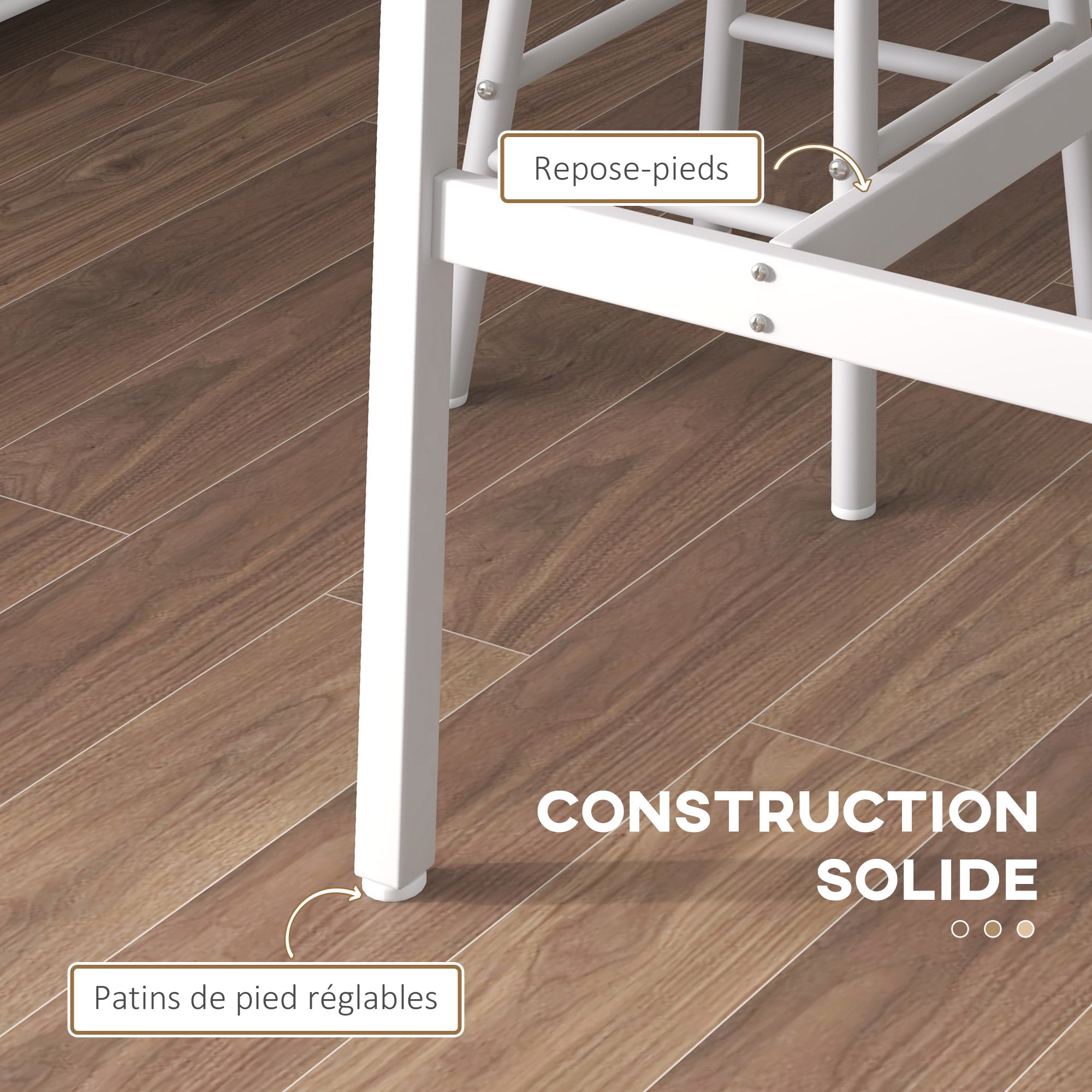 Ensemble table de bar bistrot + 2 tabourets avec repose-pieds table mange-debout structure en acier design industriel table haute de cuisine plateau aspect bois naturel blanc