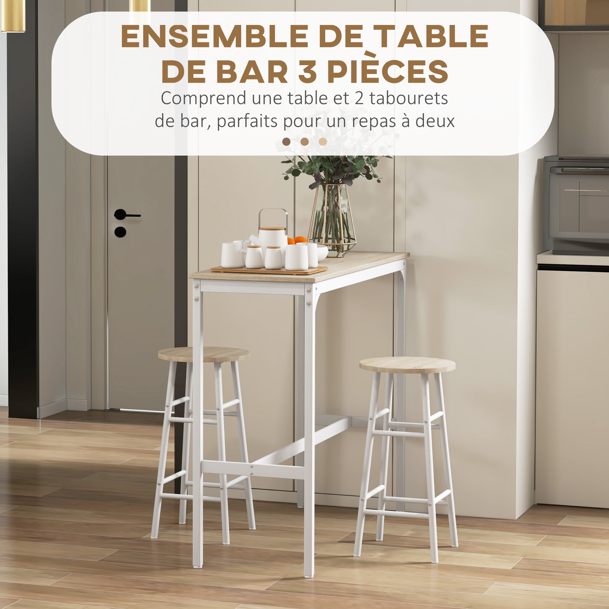 Ensemble table de bar bistrot + 2 tabourets avec repose-pieds table mange-debout structure en acier design industriel table haute de cuisine plateau aspect bois naturel blanc