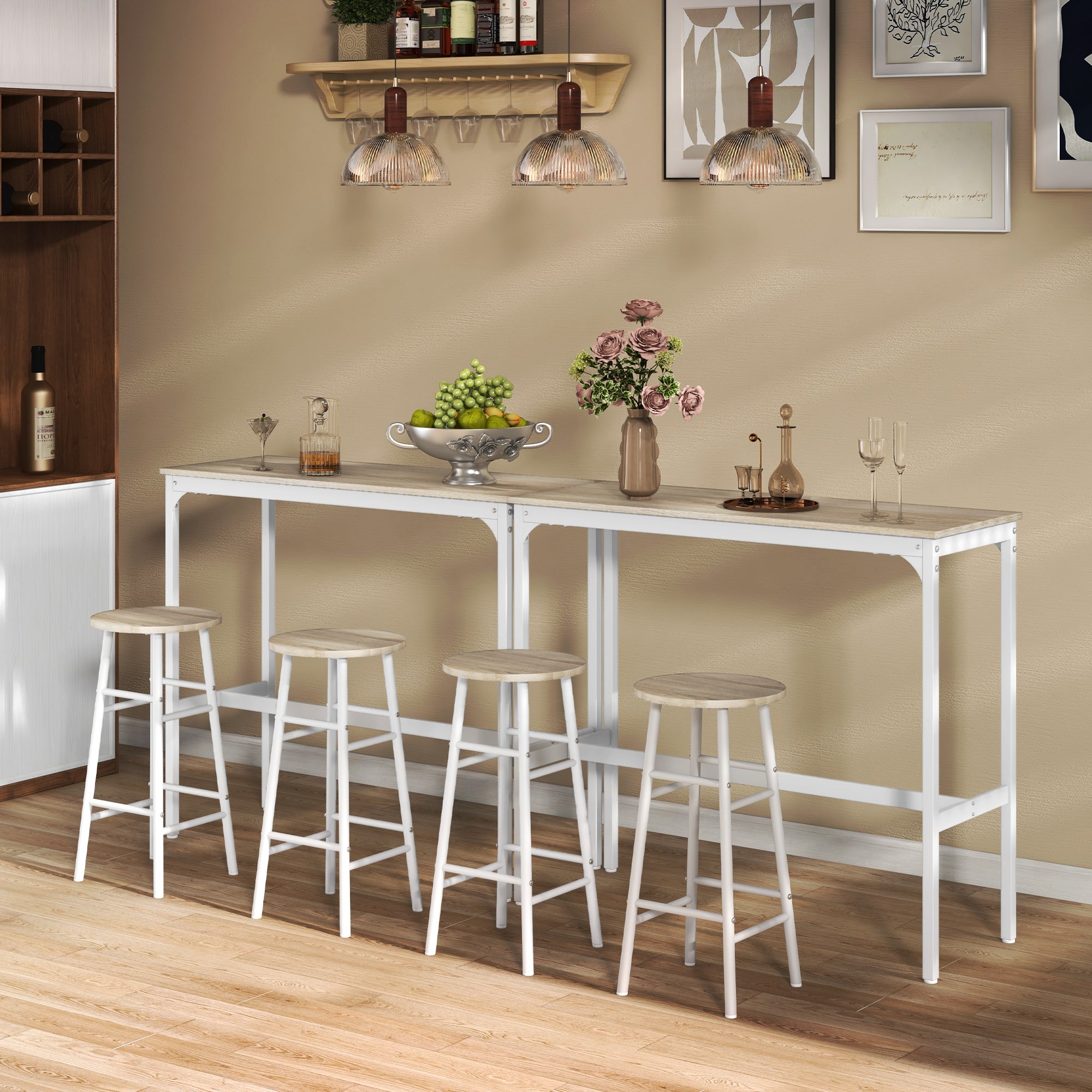 Ensemble table de bar bistrot + 2 tabourets avec repose-pieds table mange-debout structure en acier design industriel table haute de cuisine plateau aspect bois naturel blanc