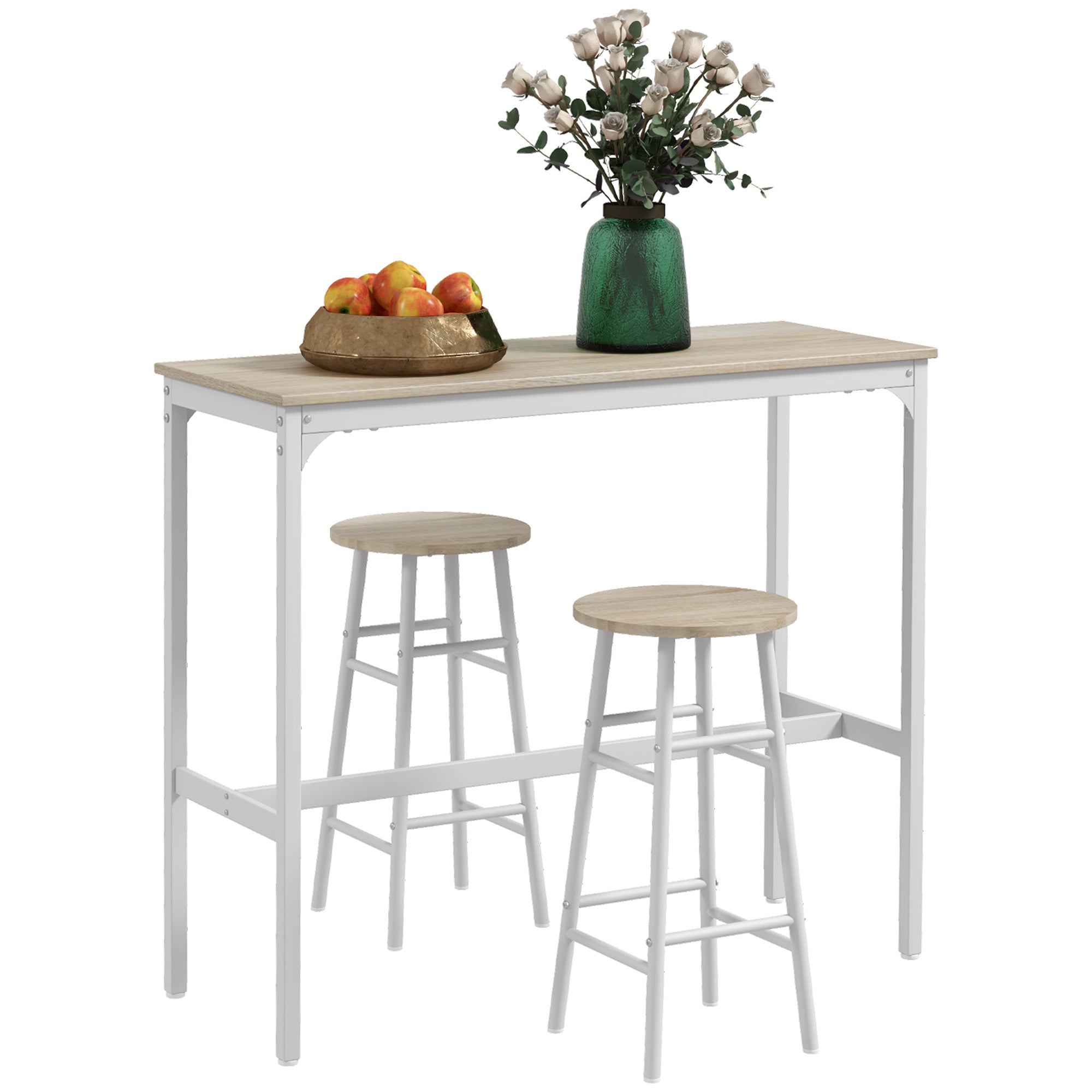 Ensemble table de bar bistrot + 2 tabourets avec repose-pieds table mange-debout structure en acier design industriel table haute de cuisine plateau aspect bois naturel blanc