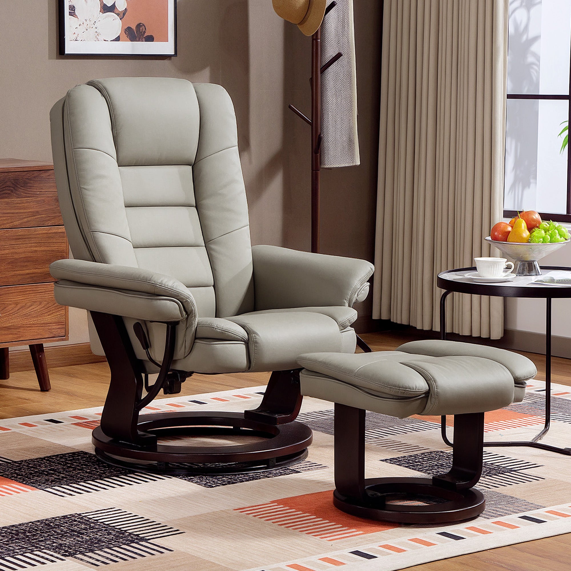 Fauteuil de relaxation avec repose-pied, dossier inclinable 135° max., siège pivotant 360°, assise rembourrée confort, revêtement synthétique, pour salon, chambre, bureau, marron