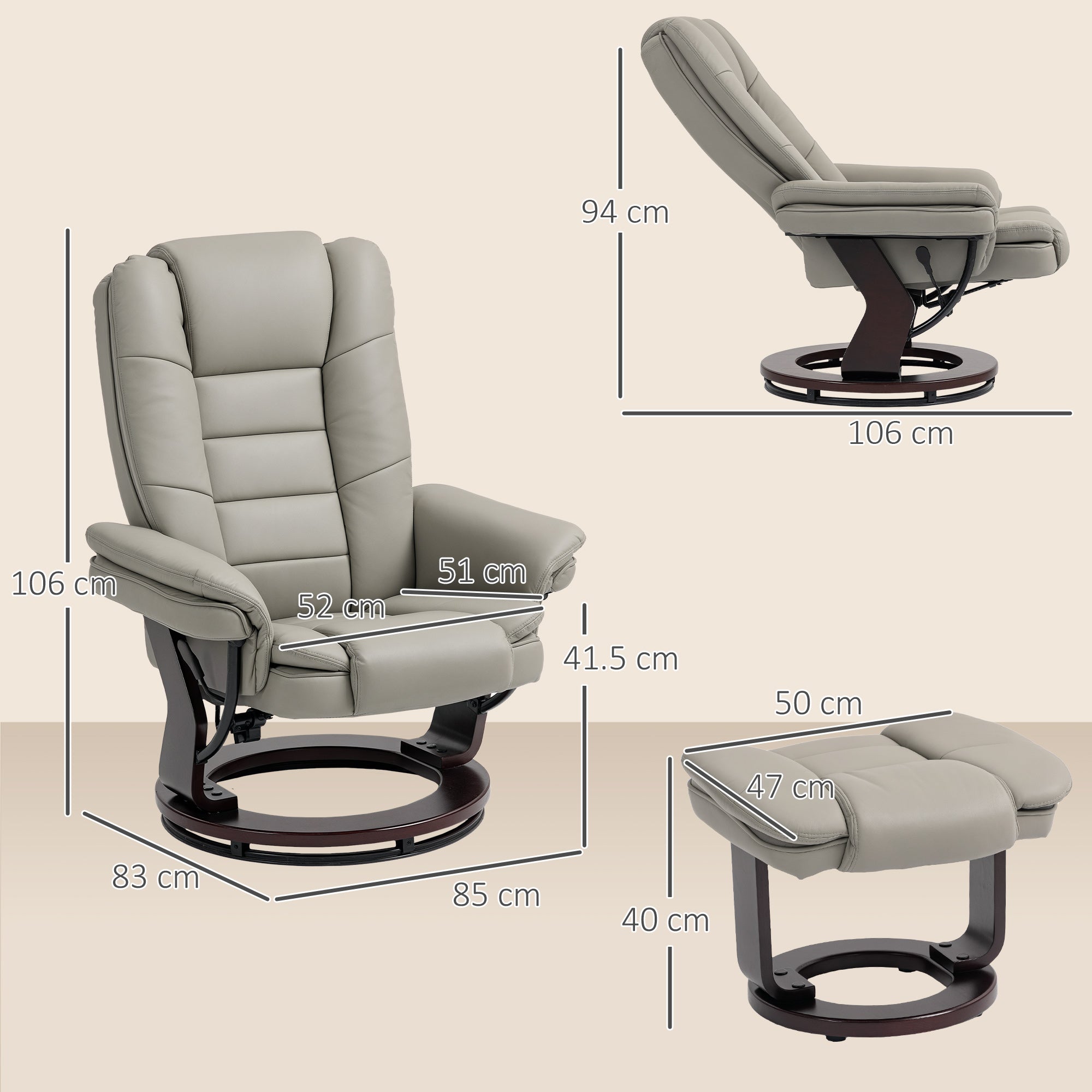 Fauteuil de relaxation avec repose-pied, dossier inclinable 135° max., siège pivotant 360°, assise rembourrée confort, revêtement synthétique, pour salon, chambre, bureau, marron