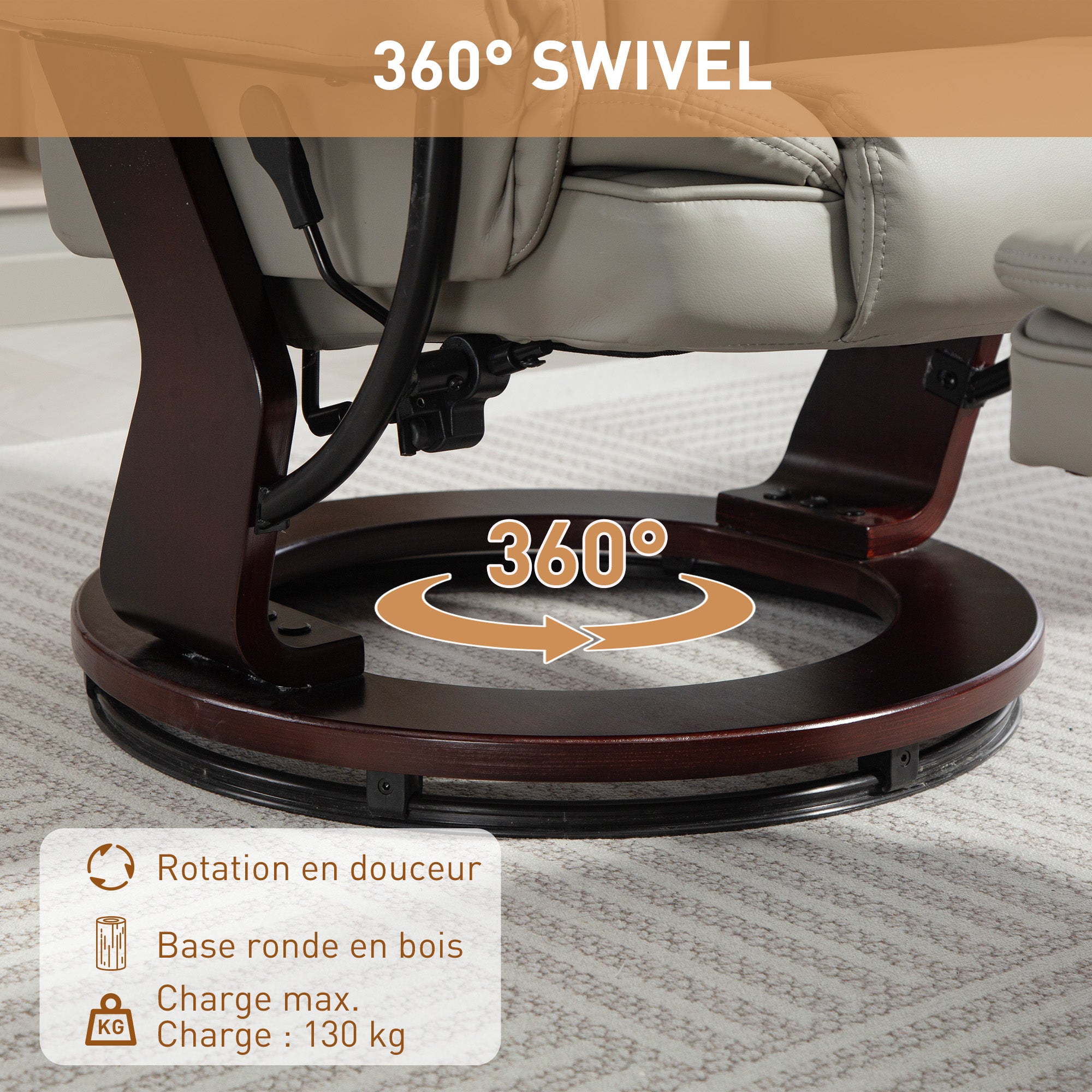 Fauteuil de relaxation avec repose-pied, dossier inclinable 135° max., siège pivotant 360°, assise rembourrée confort, revêtement synthétique, pour salon, chambre, bureau, marron