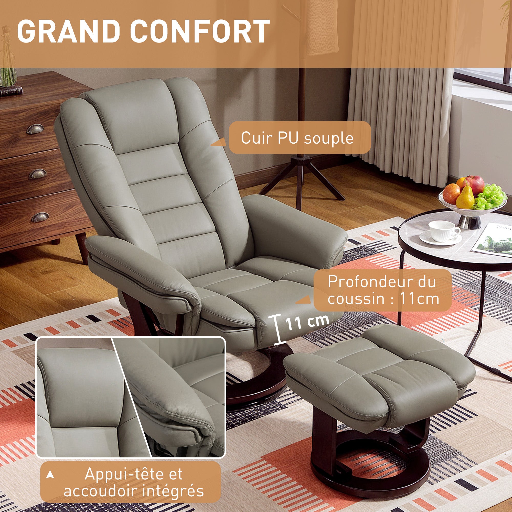 Fauteuil de relaxation avec repose-pied, dossier inclinable 135° max., siège pivotant 360°, assise rembourrée confort, revêtement synthétique, pour salon, chambre, bureau, marron