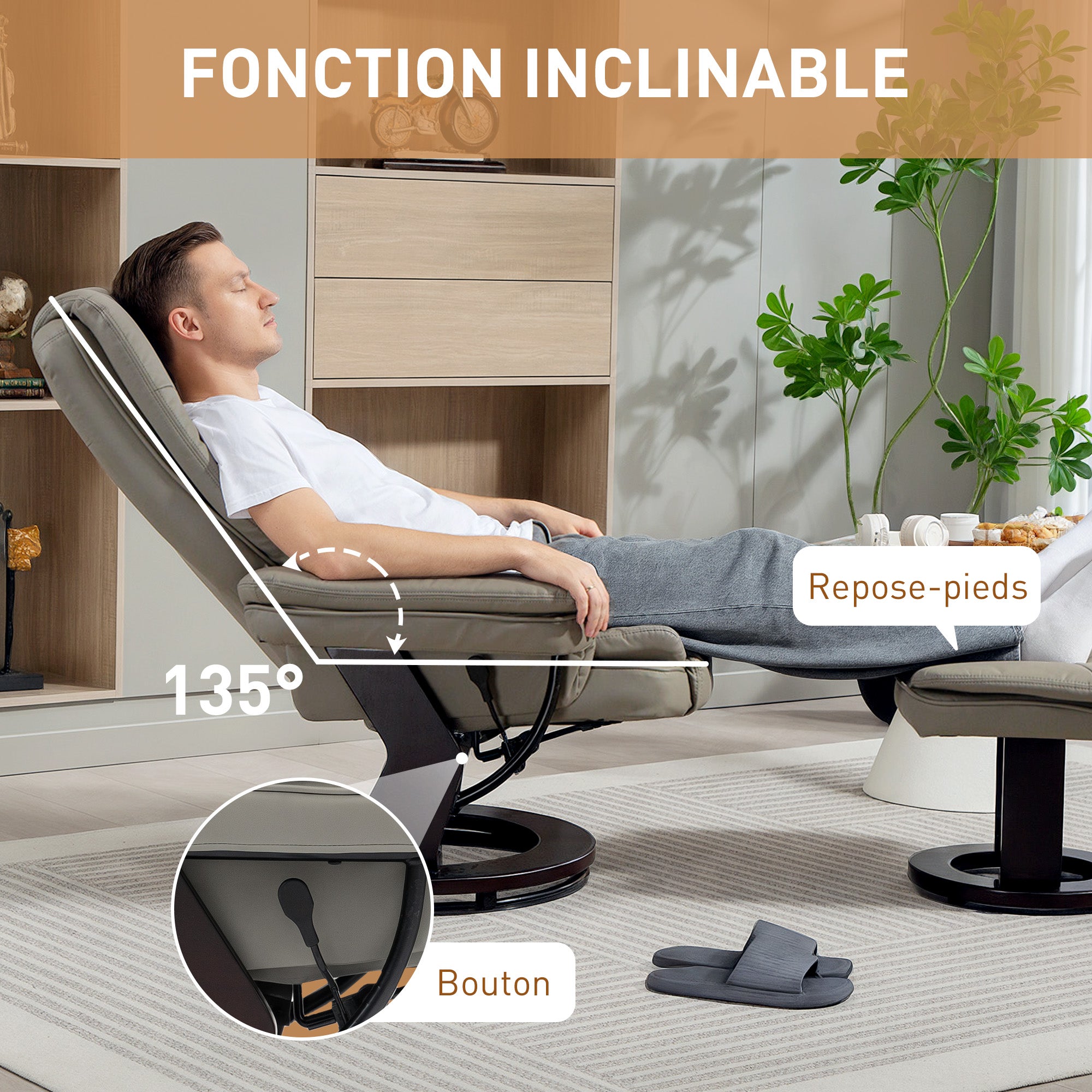 Fauteuil de relaxation avec repose-pied, dossier inclinable 135° max., siège pivotant 360°, assise rembourrée confort, revêtement synthétique, pour salon, chambre, bureau, marron