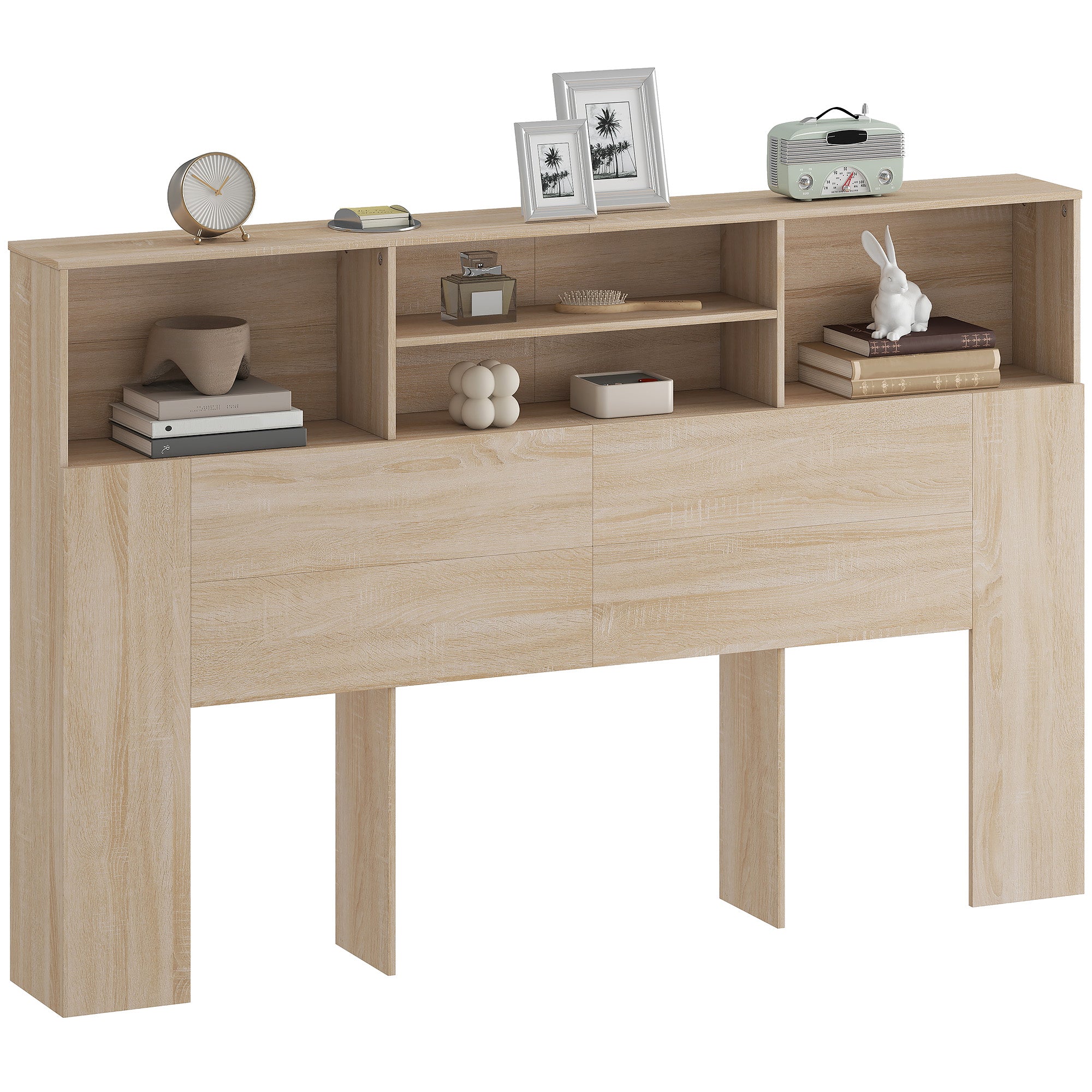 Tête de lit sur pied 160 cm avec rangements, accessoire de lit moderne avec 4 compartiments ouverts pour chambre, 160 x 20,2 x 108,2 cm, bois naturel