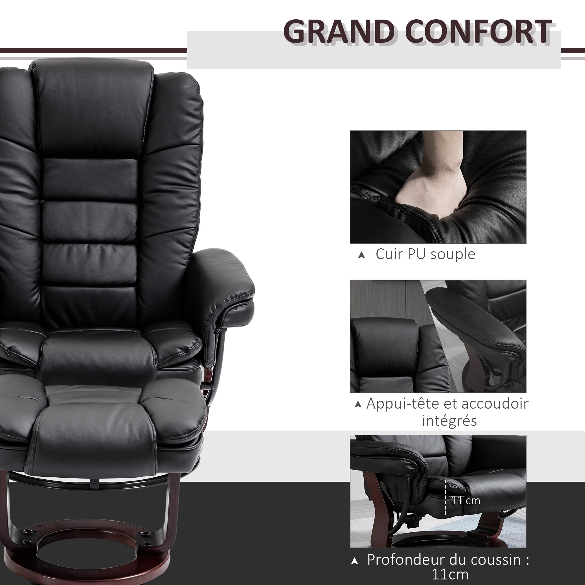 Fauteuil de relaxation avec repose-pied, dossier inclinable 135° max., siège pivotant 360°, assise rembourrée confort, revêtement synthétique, pour salon, chambre, bureau, noir