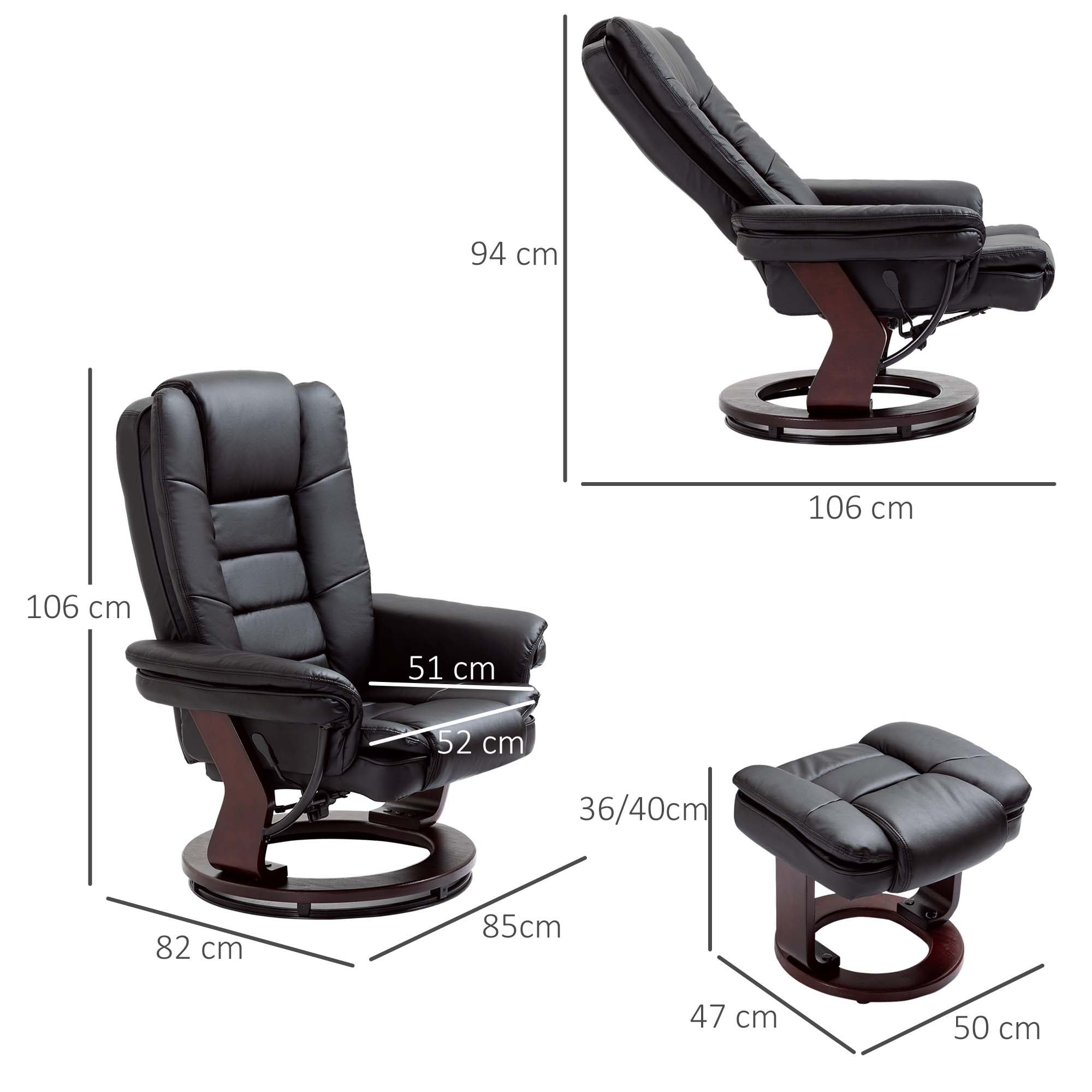 Fauteuil de relaxation avec repose-pied, dossier inclinable 135° max., siège pivotant 360°, assise rembourrée confort, revêtement synthétique, pour salon, chambre, bureau, noir
