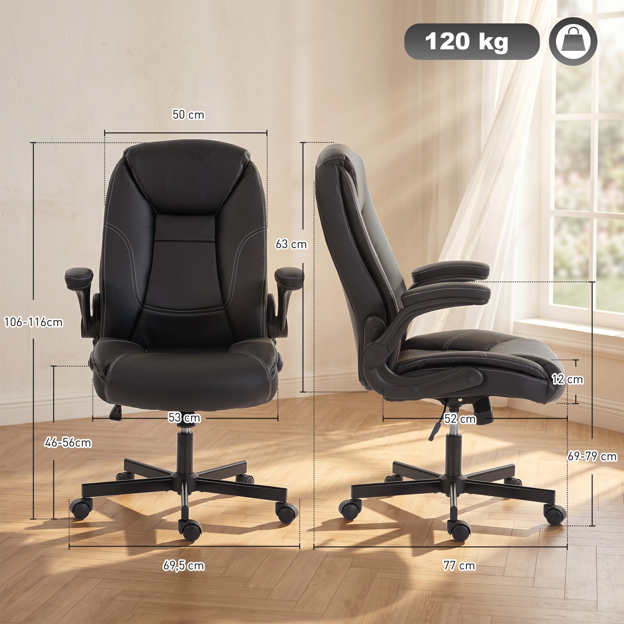 Chaise Bureau Ergonomique, Fauteuil de Bureau en PU, Accoudoirs Relevables, Dossier et Siège Zonés, Hauteur Réglable, Fonction Bascule, Travail Pivotante 360° pour Ordinateur, Noir