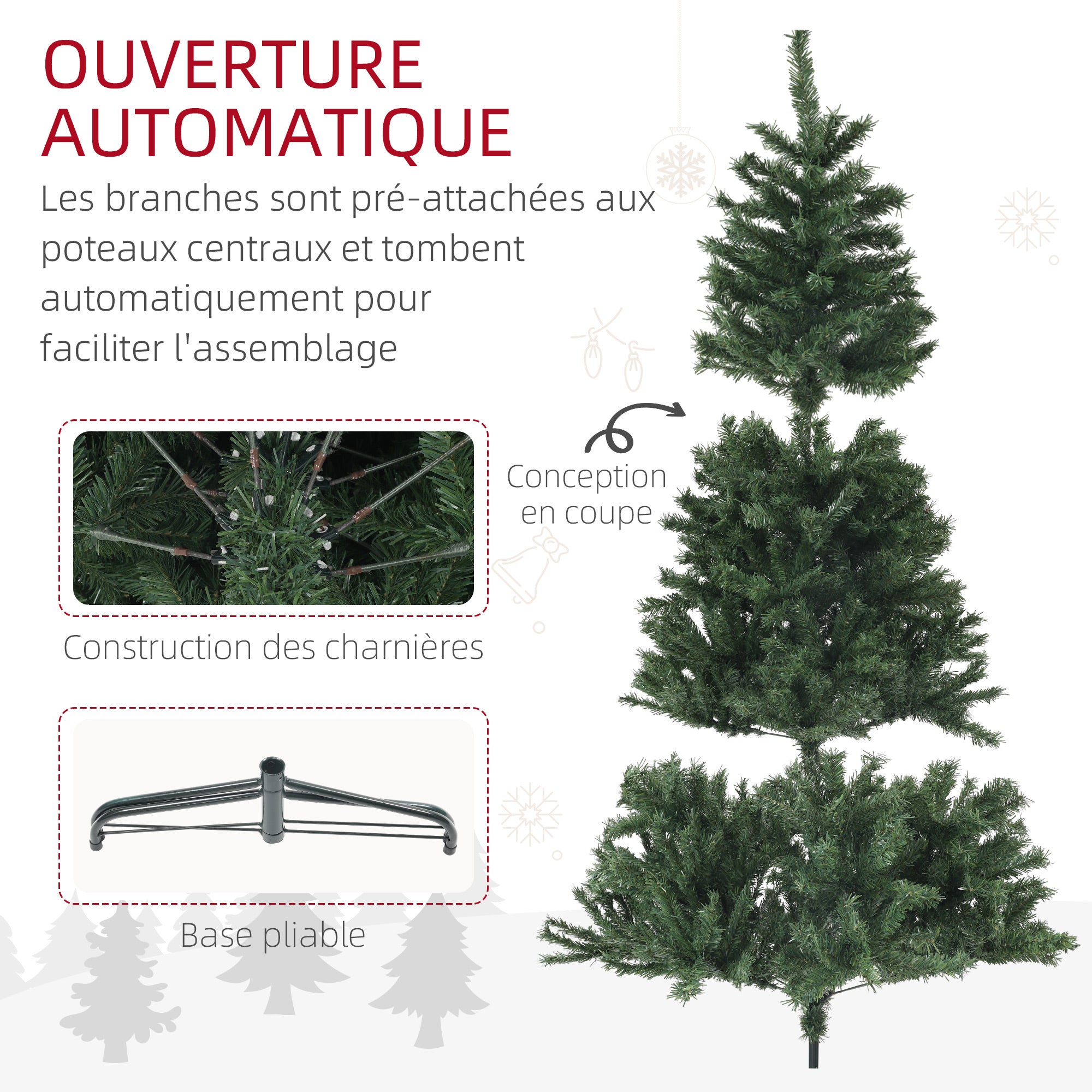 Sapin de Noël artificiel 180 cm arbre de Noël avec support en acier, 1 000 branches ignifuges décoration de Noël effet réaliste, vert