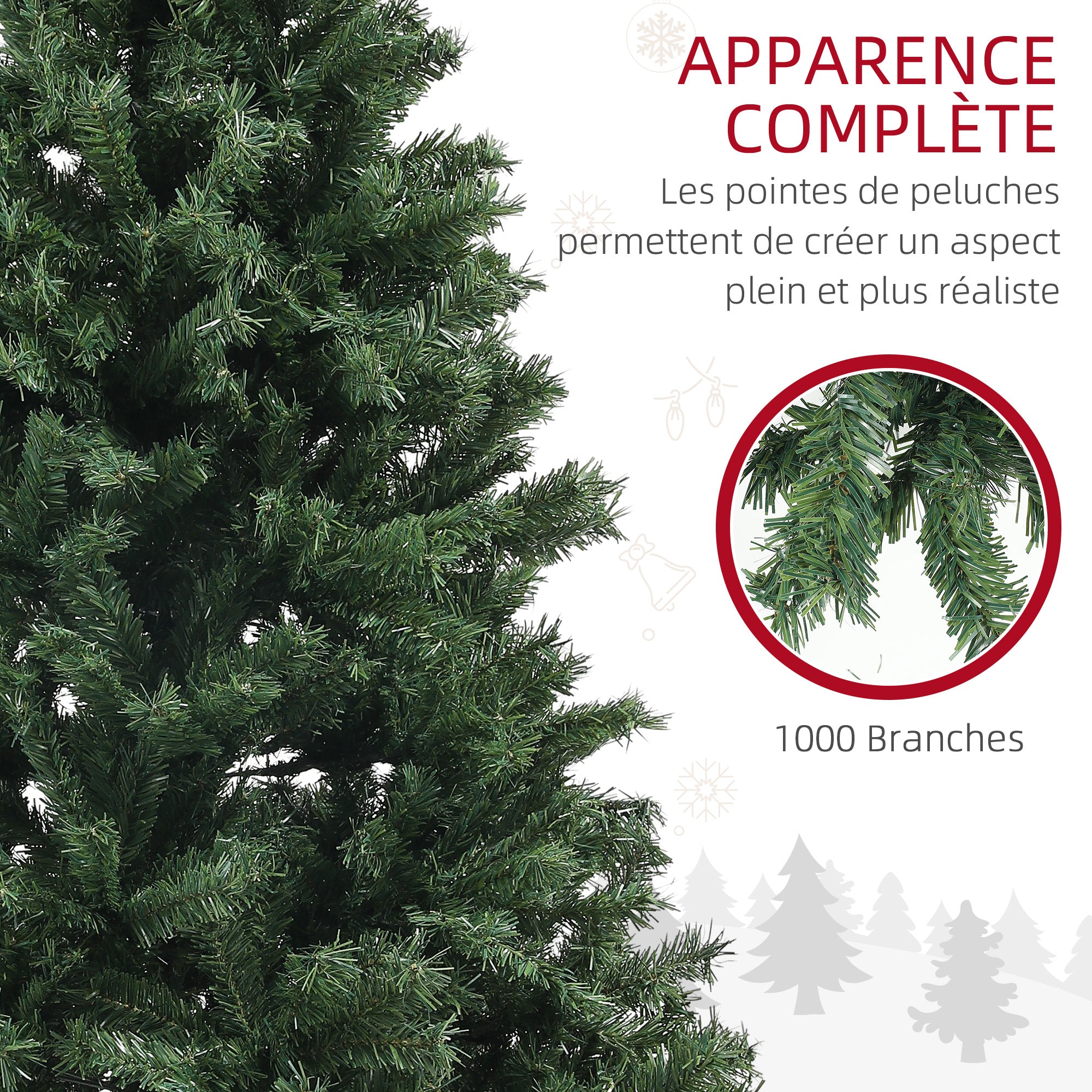 Sapin de Noël artificiel 180 cm arbre de Noël avec support en acier, 1 000 branches ignifuges décoration de Noël effet réaliste, vert