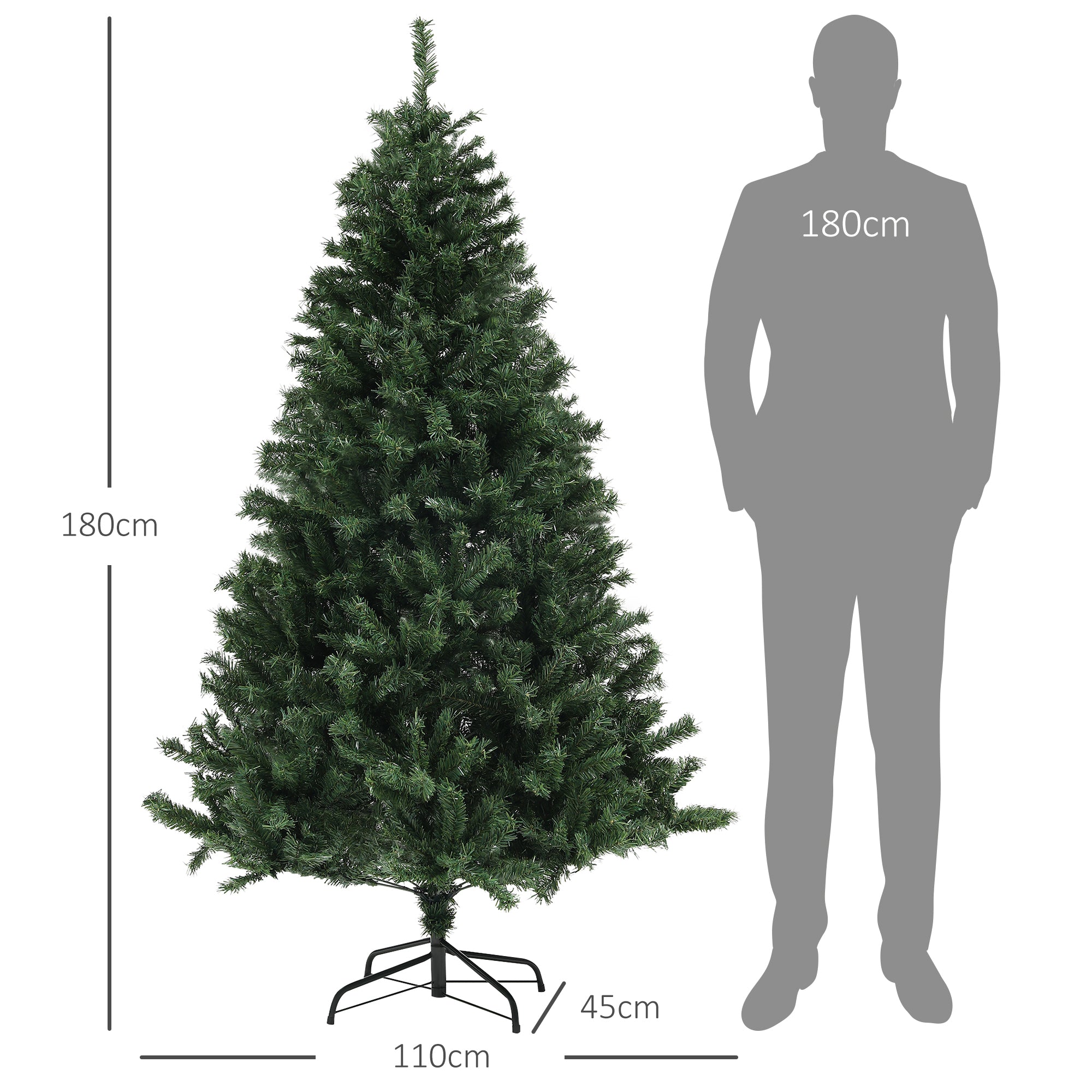 Sapin de Noël artificiel 180 cm arbre de Noël avec support en acier, 1 000 branches ignifuges décoration de Noël effet réaliste, vert