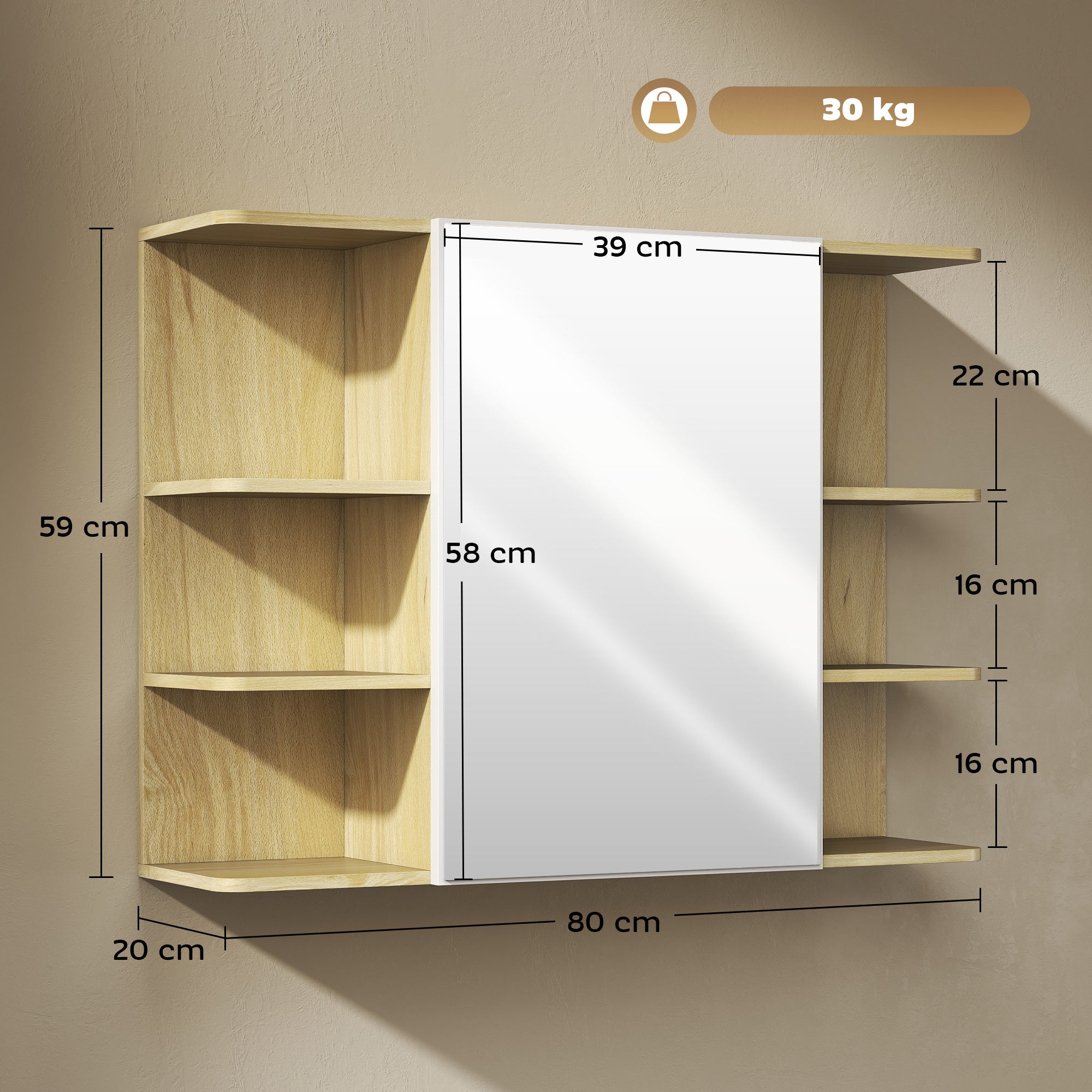 Armoire murale salle de bain avec miroir, meuble salle de bain, armoire de toilette avec étagères ouvertes, miroir avec rangement, 80 x 20 x 59 cm, effet bois naturel