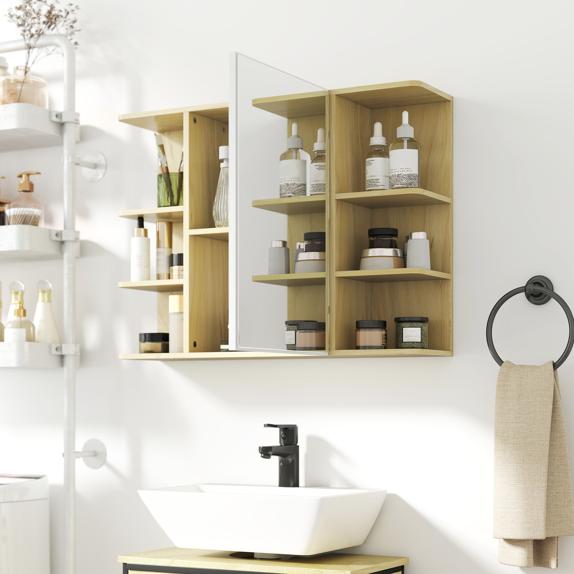 Armoire murale salle de bain avec miroir, meuble salle de bain, armoire de toilette avec étagères ouvertes, miroir avec rangement, 80 x 20 x 59 cm, effet bois naturel